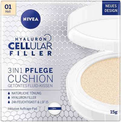 Nivea Make-up Hyaluron Cellular Filler 3in1 Pflege Cushion Fluid Schwamm, Kollagen-Booster, feuchtigkeitsspendende Foundation, - 01 Hell