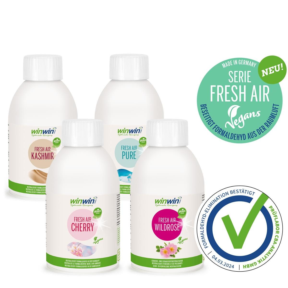 winwinCLEAN Raumduft FRESH AIR V Kashmir,Cherry,Pure,Wildrose Luftreinigungs-Konzentrat (Spar Set, 4-St., 250ml FRESH AIR Vegans), Geruchsentferner,Geruchsneutralisierer,Reiniger,Raumluftdeo,Erfrischer