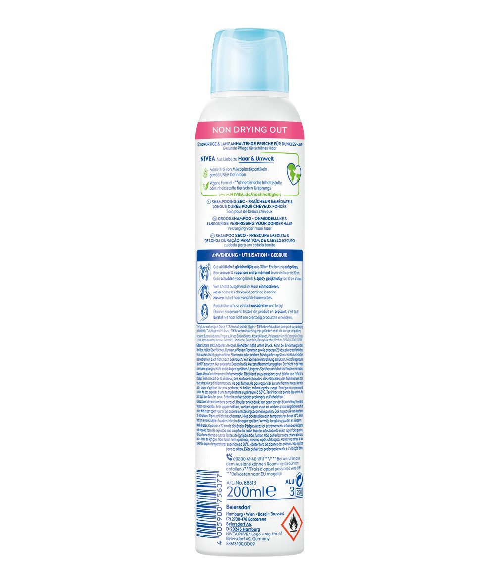 Nivea Trockenshampoo Hair Care Fresh & Mild Dunkle Haartöne mild vegan 3 x 200ml, Packung, 3-tlg., Hinterlässt keine weißen Rückstände und trocknet das Haar nicht aus