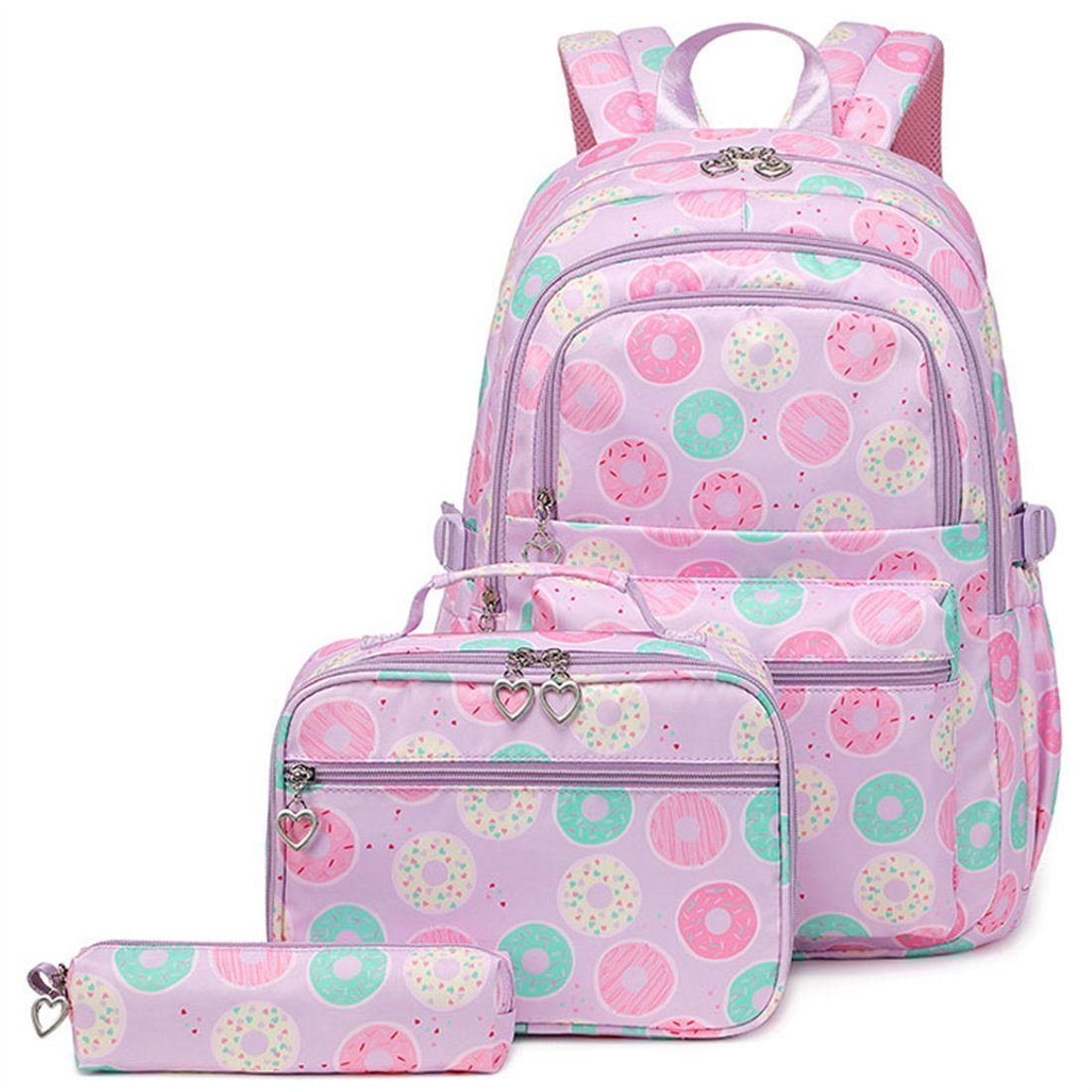 DÖRÖY Schulrucksack Student Schultasche 3er Set, Donut Druck wasserdichte Umhängetasche Lila