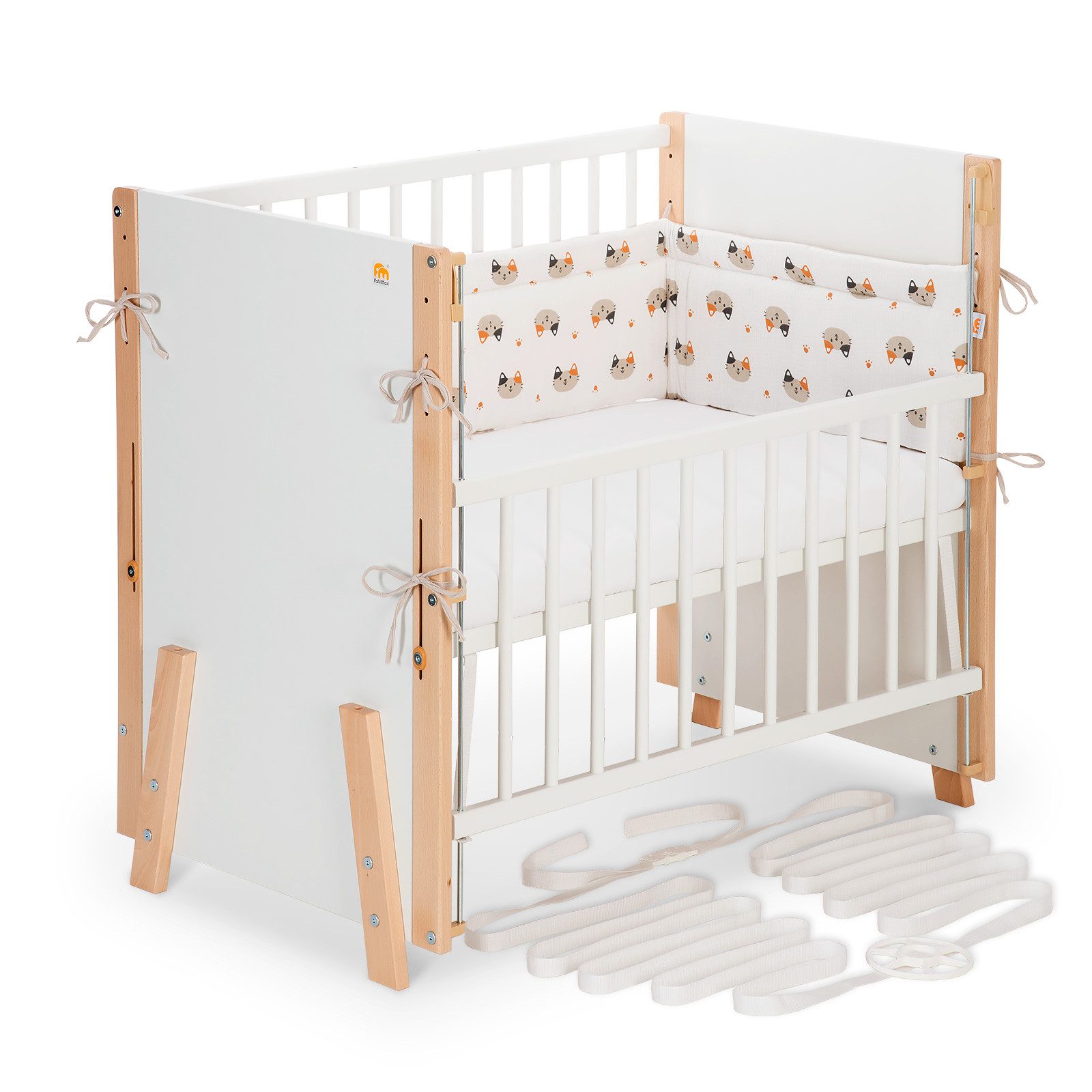 FabiMax Beistellbett Boxspring Vario Weiß / Natur, Stufenlose Höhenverstellung von 52 bis 83 cm, mit 2 in 1 Seitengitter
