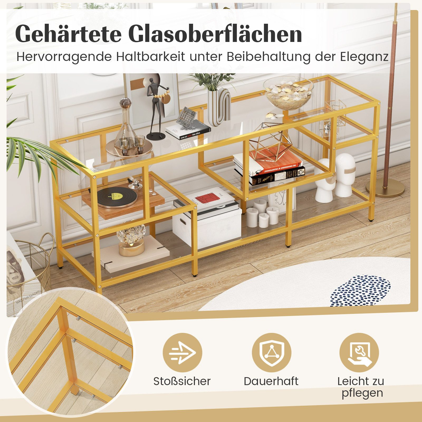 COSTWAY TV-Schrank Konsolentisch mit gehärteten Glasregalen, Gold, 147cm