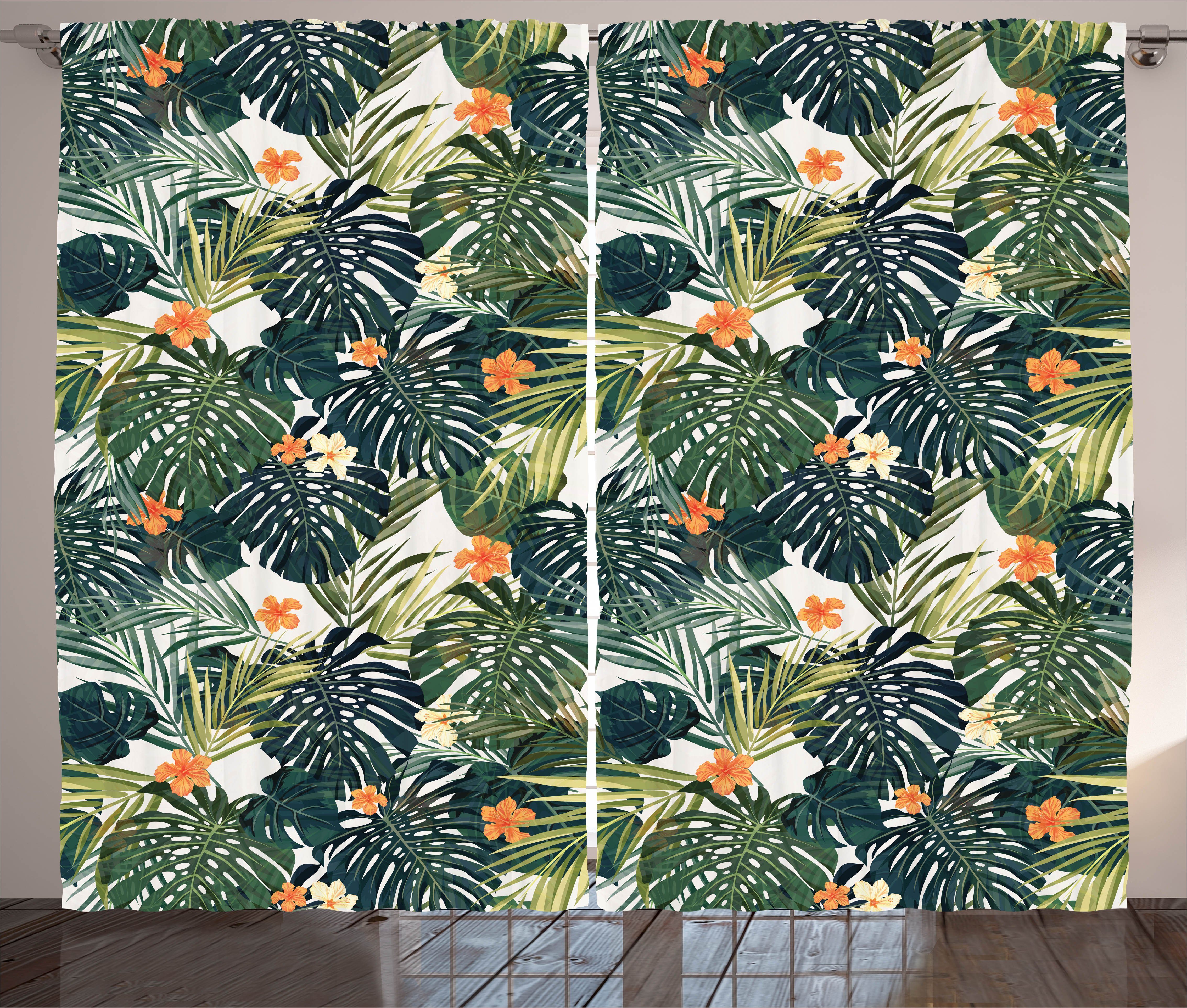Gardine Schlafzimmer Kräuselband Vorhang mit Tropic Blätter und Blumen Botanic Abakuhaus, Haken, Schlaufen