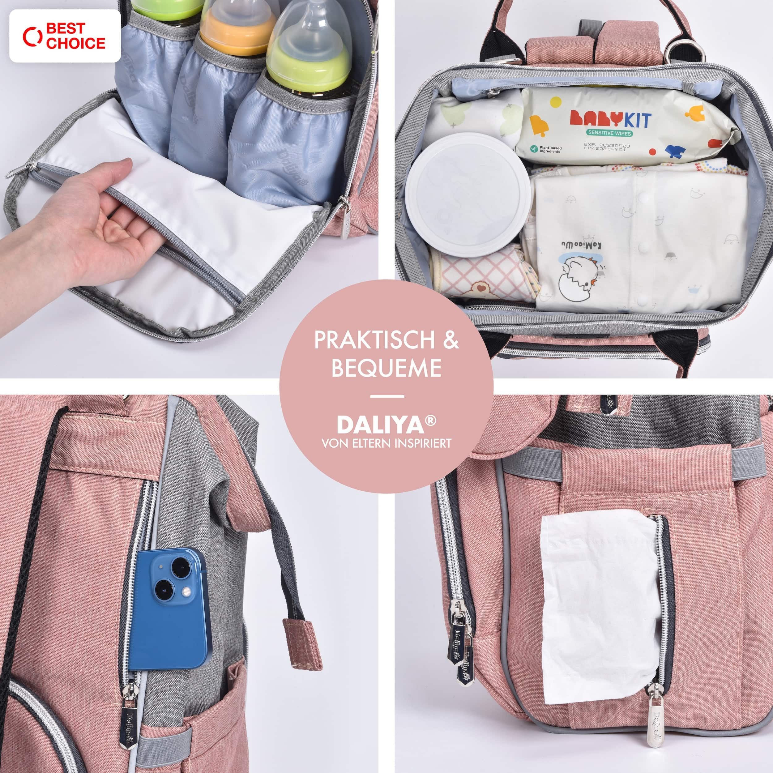Daliya® Wickeltasche PAKMI Wickelrucksack, Kinderwagentaschen, Mamabag (Set, 5-tlg., Befestigungsriemen), Thermofächer, Schnuller Aufbewahrung, Wickelunterlage, hochwertig