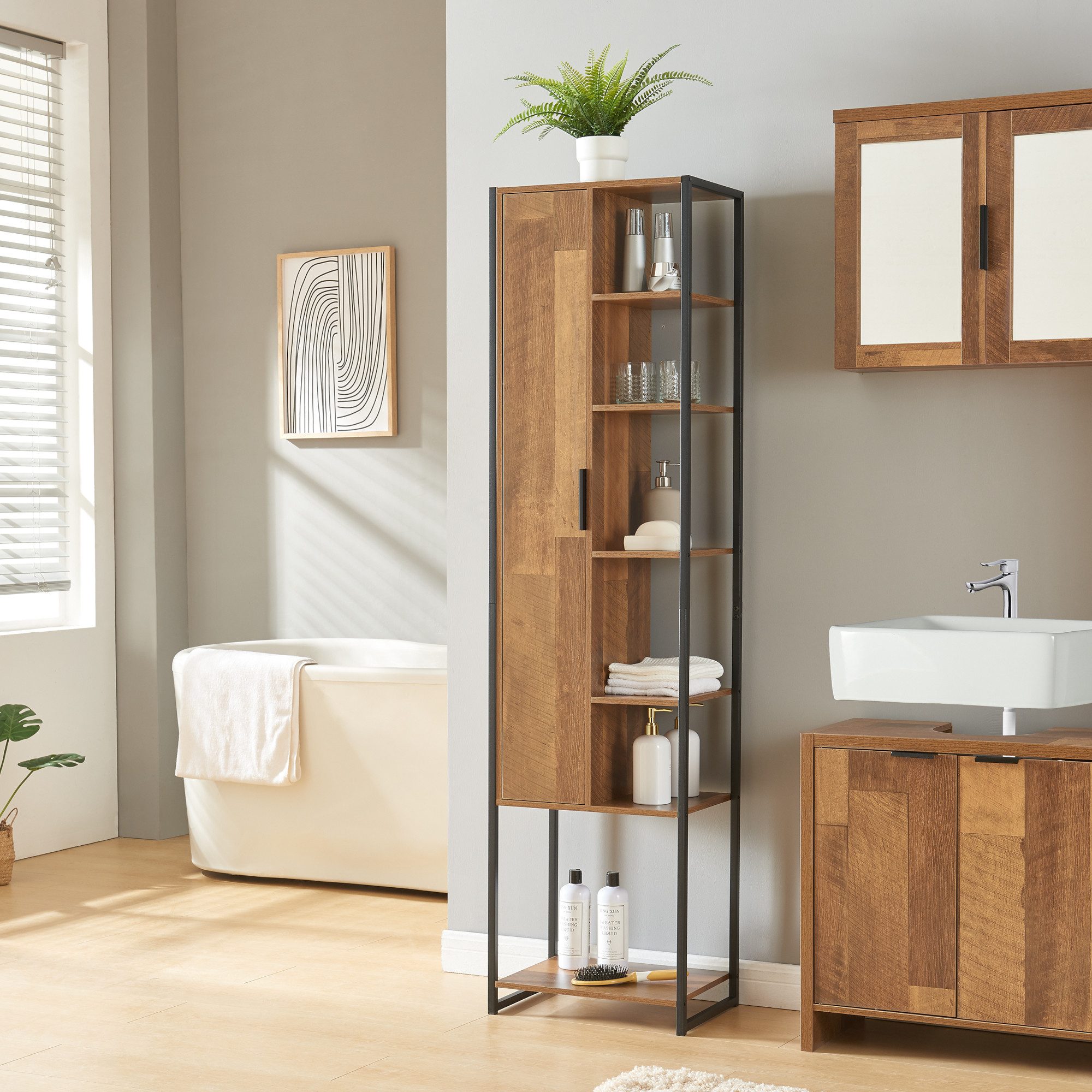 en.casa Hochschrank »Namsskogan« Badezimmerschrank 165x42,5x30cm Walnussoptik