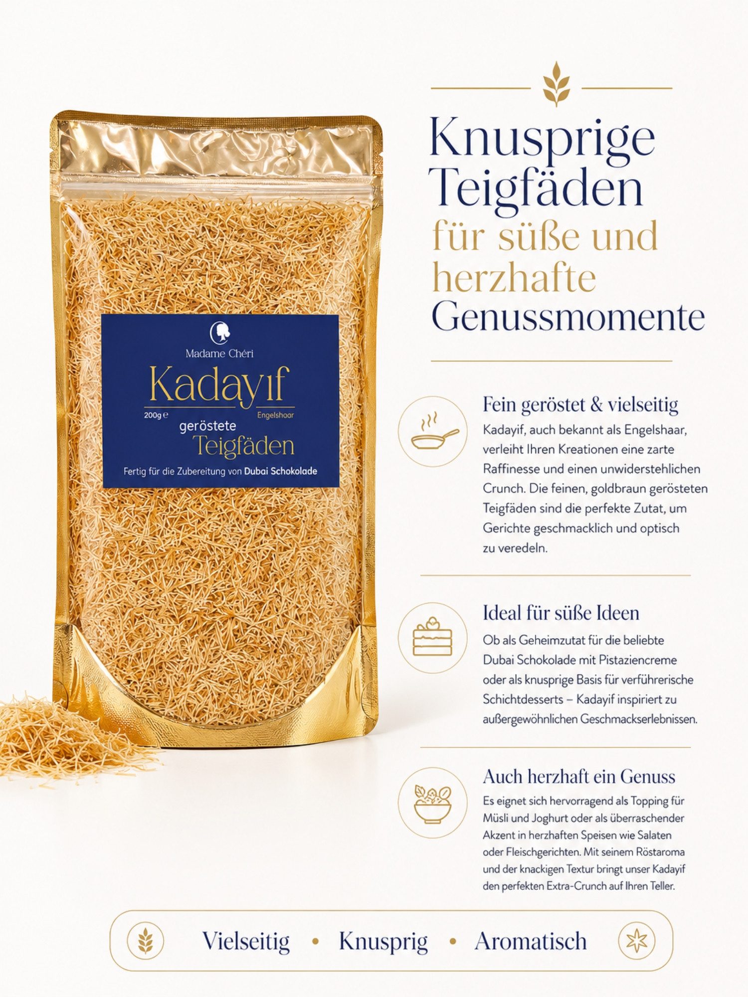 Madame Chéri Backzutat Kadayif geröstete Teigfäden 200g für Dubai Schokolade, geröstet, ohne Zusatzstoffe, ohne Palmöl – Bild 2 von 4