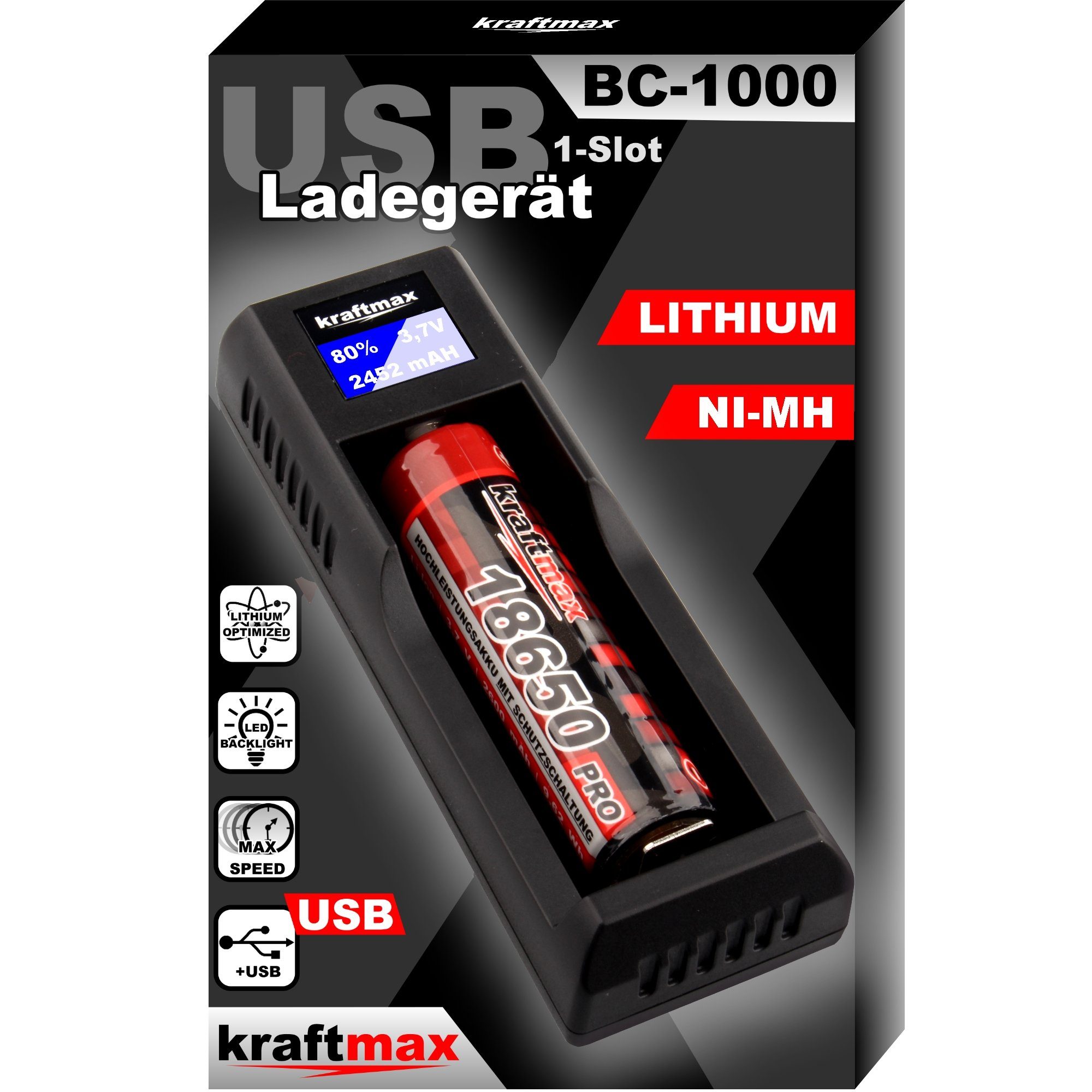 Batterie- Ladegerät BC-1000 Lithium Akku kraftmax für (1-tlg) Akkus Ladegerät Li-Ion USB