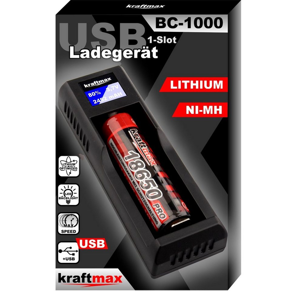 Akkus Akku BC-1000 Li-Ion Lithium USB Batterie- (1-tlg) Ladegerät für kraftmax Ladegerät