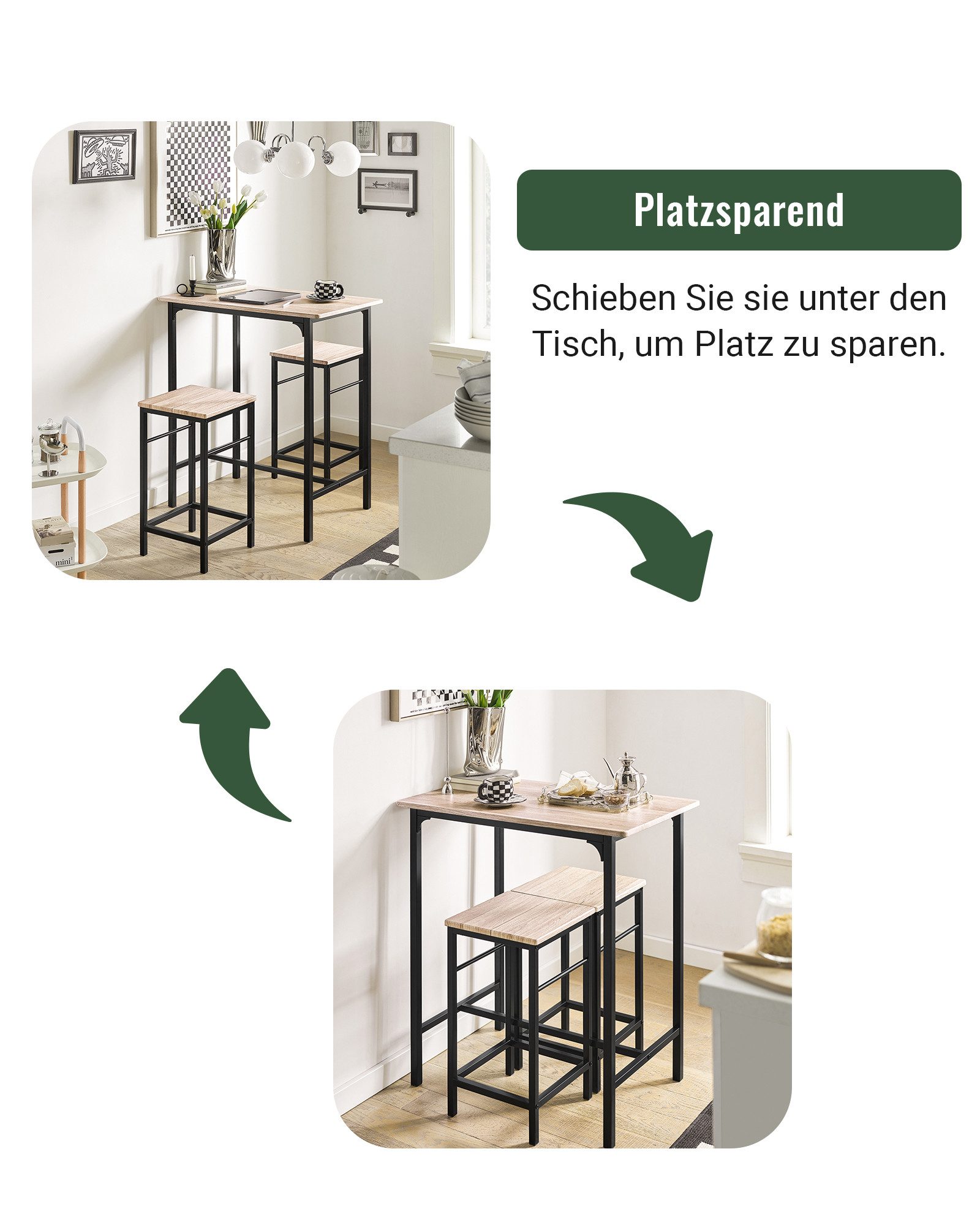 SoBuy Essgruppe OGT10, Küchentisch-Set für 2 Personen, Esstisch Essgruppe Gartentisch, Sitzgruppe Esszimmergruppe Bartisch Bistrotisch (Set, 3-tlg) Esszimmer