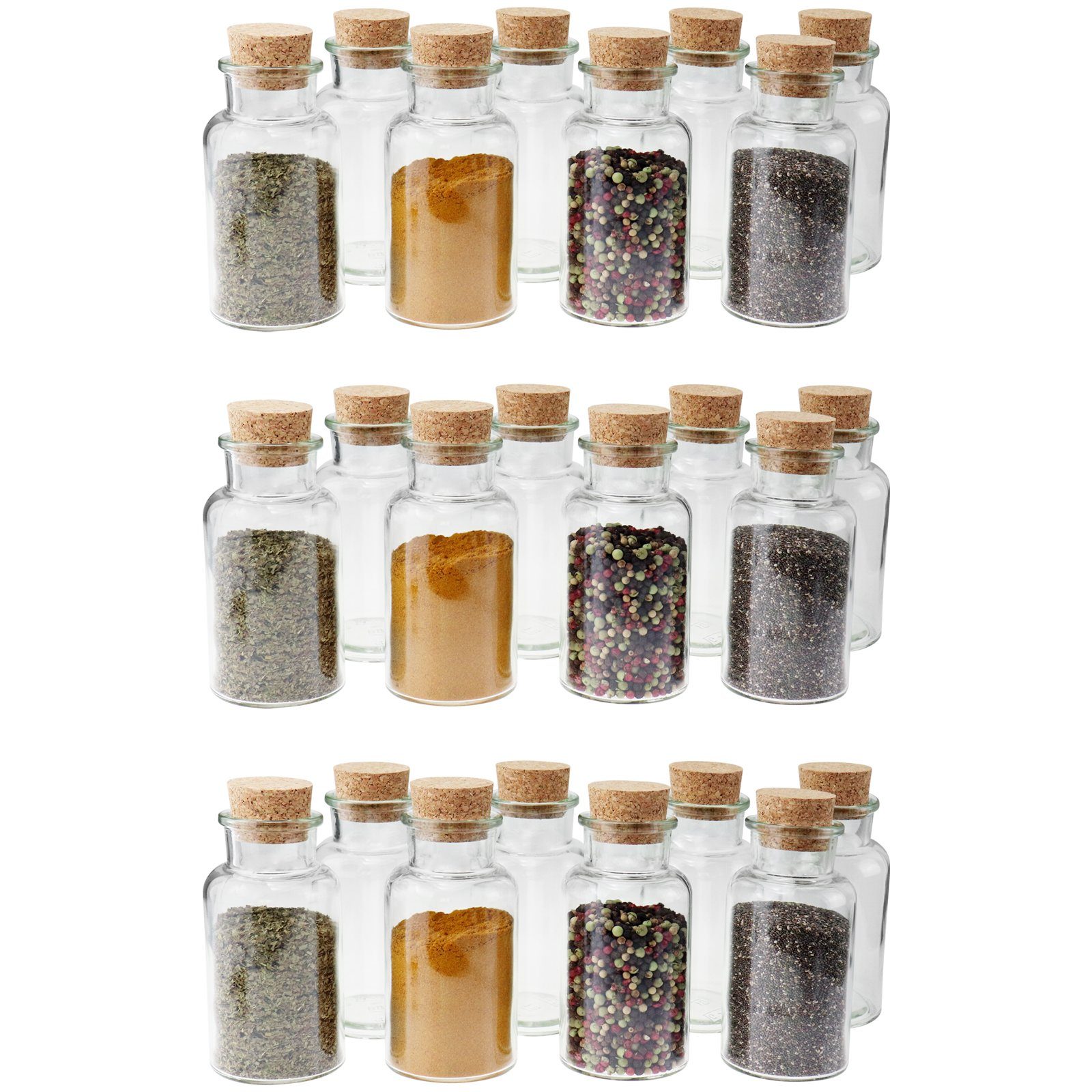 Wellgro Vorratsglas 24 Gewürzgläser mit Kork Verschluss - 300 ml, 7 x 14,5 cm (xH), Gewürzglas, Aufbewahrungsglas, Korkenglas, Einmachglas, Gläser Made in Germany, (24-tlg)