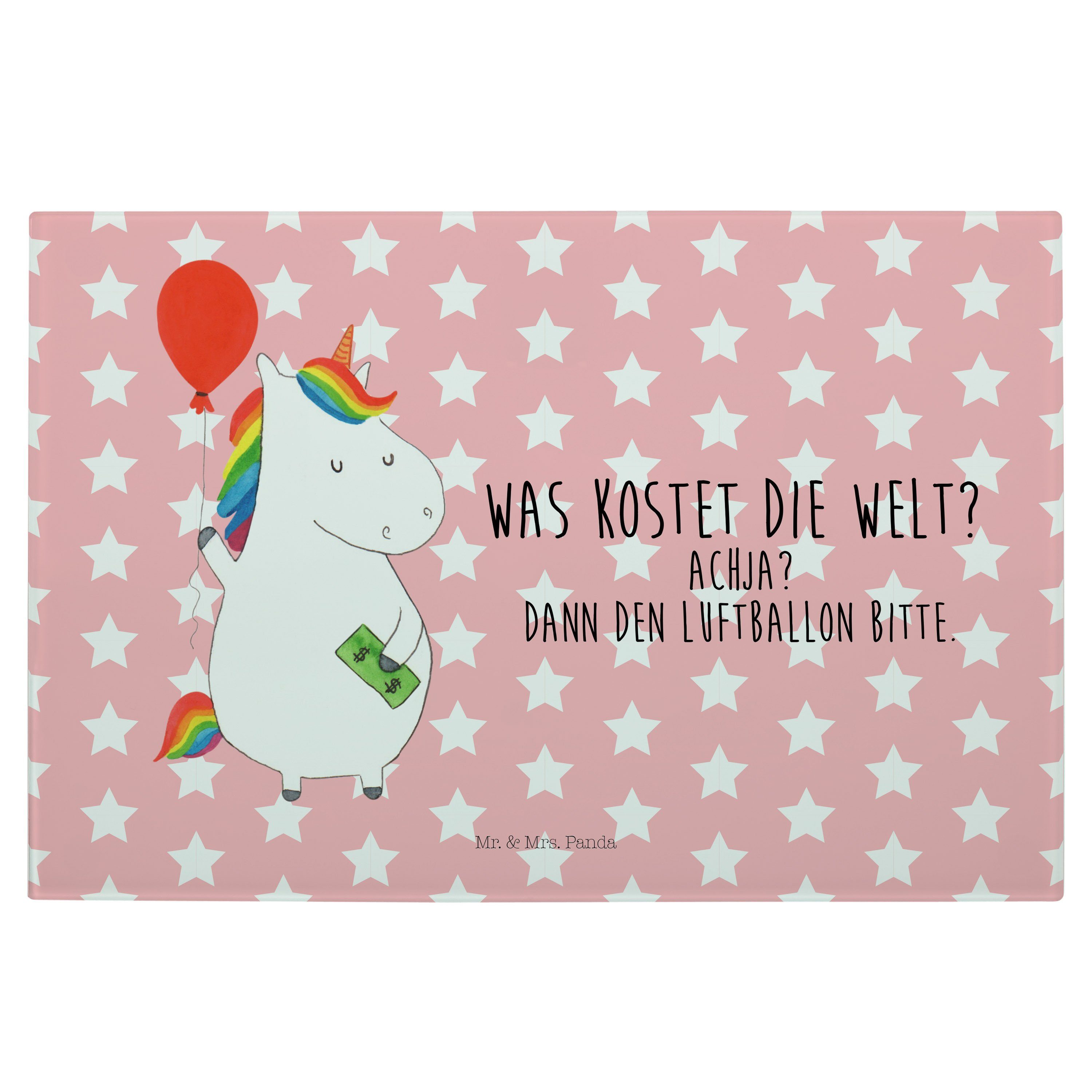 Mr. & Mrs. Panda Servierbrett Einhorn Luftballon - Rot Pastell - Geschenk, Pegasus, Unicorn, Einhor, Premium Glas, (1-St)