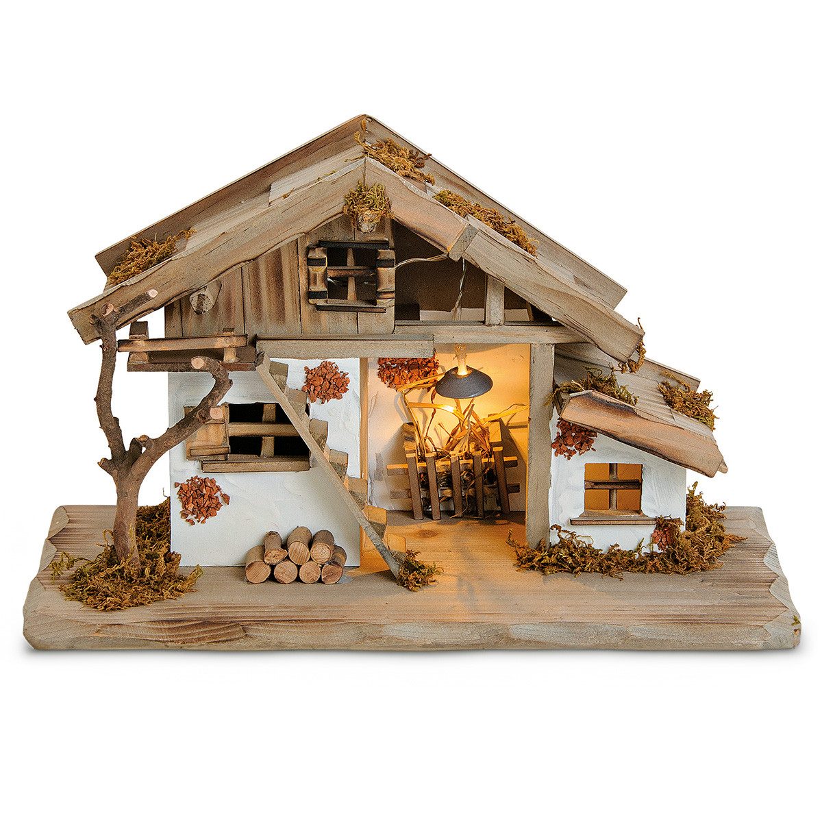 matches21 HOME & HOBBY Krippe Große Echtholz Weihnachtskrippe mit Beleuchtung in 39 x 23 x 19cm (1-tlg), Moderne Holz-Krippe mit LED Krippen-Beleuchtung ohne Krippenfiguren