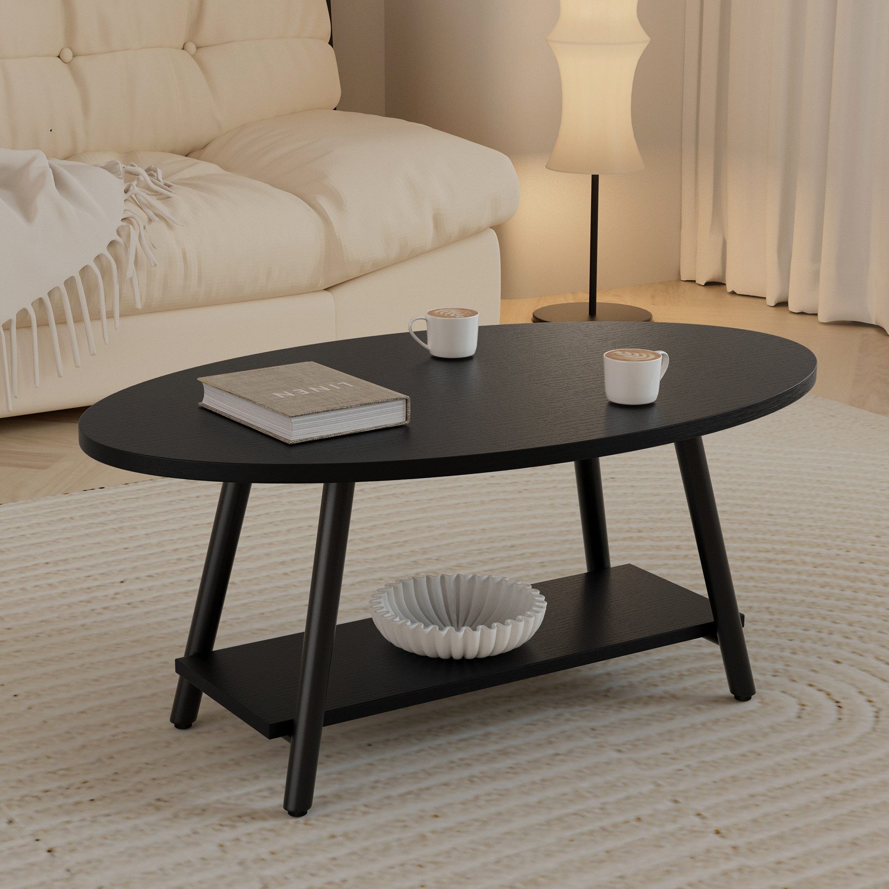 HawthyHome Couchtisch ovaler 2-stöckiger Beistelltisch mit Stauraum, 101 x 60 cm (1-St), Moderner Massivholztisch, ideal für Wohnzimmer und Schlafzimmer – Bild 5 von 5