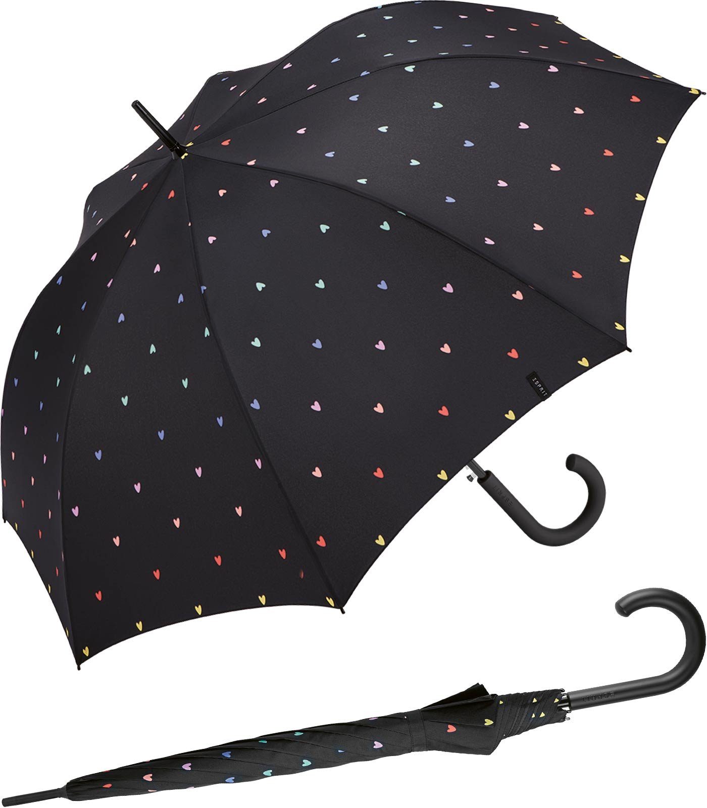 Beliebter Klassiker Esprit Langregenschirm Damen Regenschirm mit Herzen und groß mit Automatik Sweatheart, vielen kleinen, schwarz bunten stabil