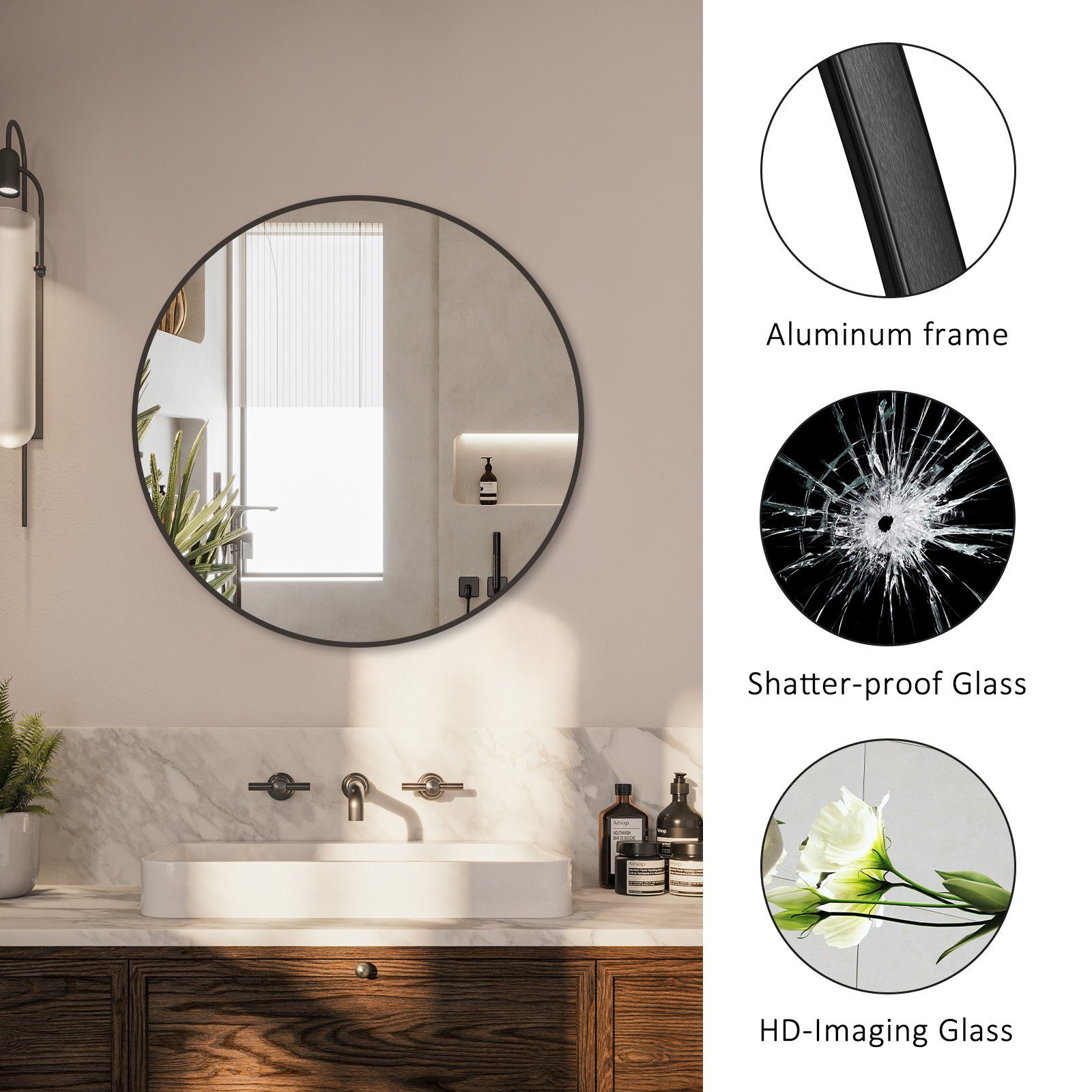 Boromal Wandspiegel Spiegel Rund Schwarz Wand Badspiegel Metall Rahmen Flurspiegel, für Badzimmer/Ankleidezimmer/Wohnzimmer,unbrechbarer Spiegel