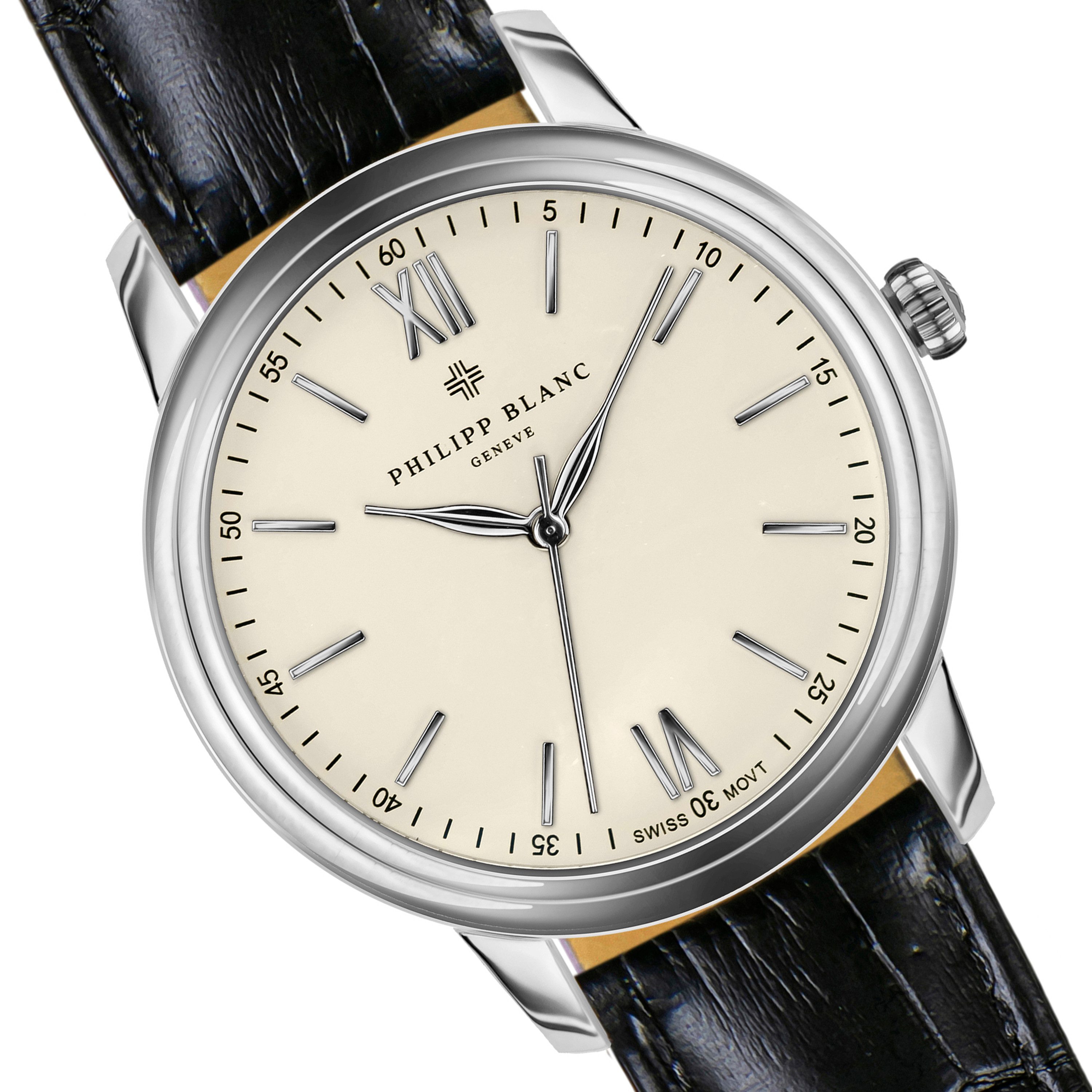 PHILIPP BLANC Quarzuhr SPB1-1 Genf-Set aus schwarzem Krokodilleder