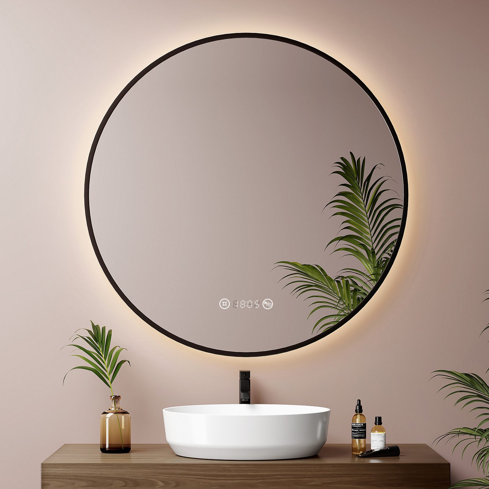 EMKE Badspiegel mit Beleuchtung und Antibeschlag, Uhr & Temperaturanzeige (Modell R9, Touchschalter), Rahmen in Schwarz, Gold gebürstet oder Dunkelgrün