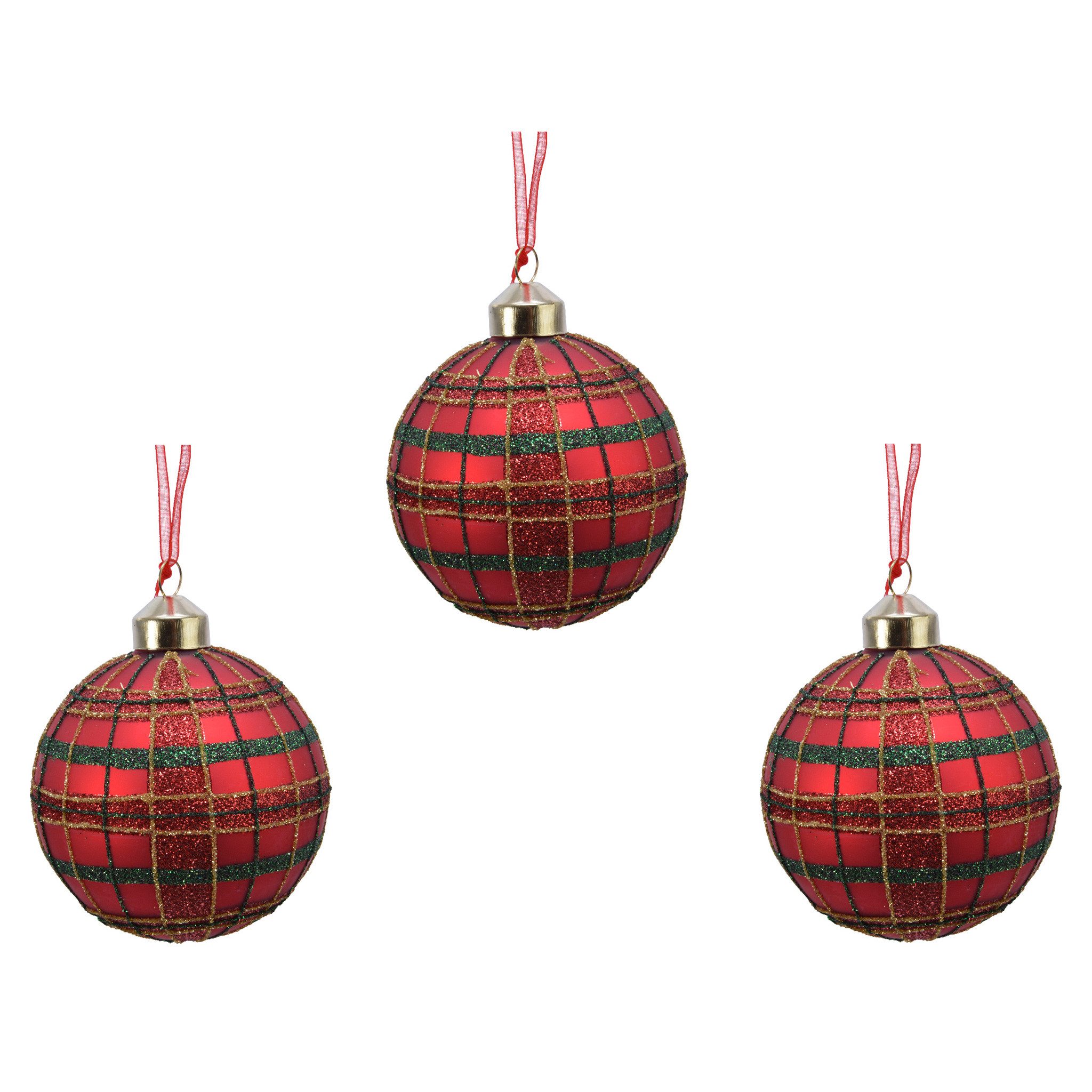 Kaemingk Christbaumschmuck, Weihnachtskugeln Glas Schottenkaro Muster 8cm weihnachtsrot, 3er Set