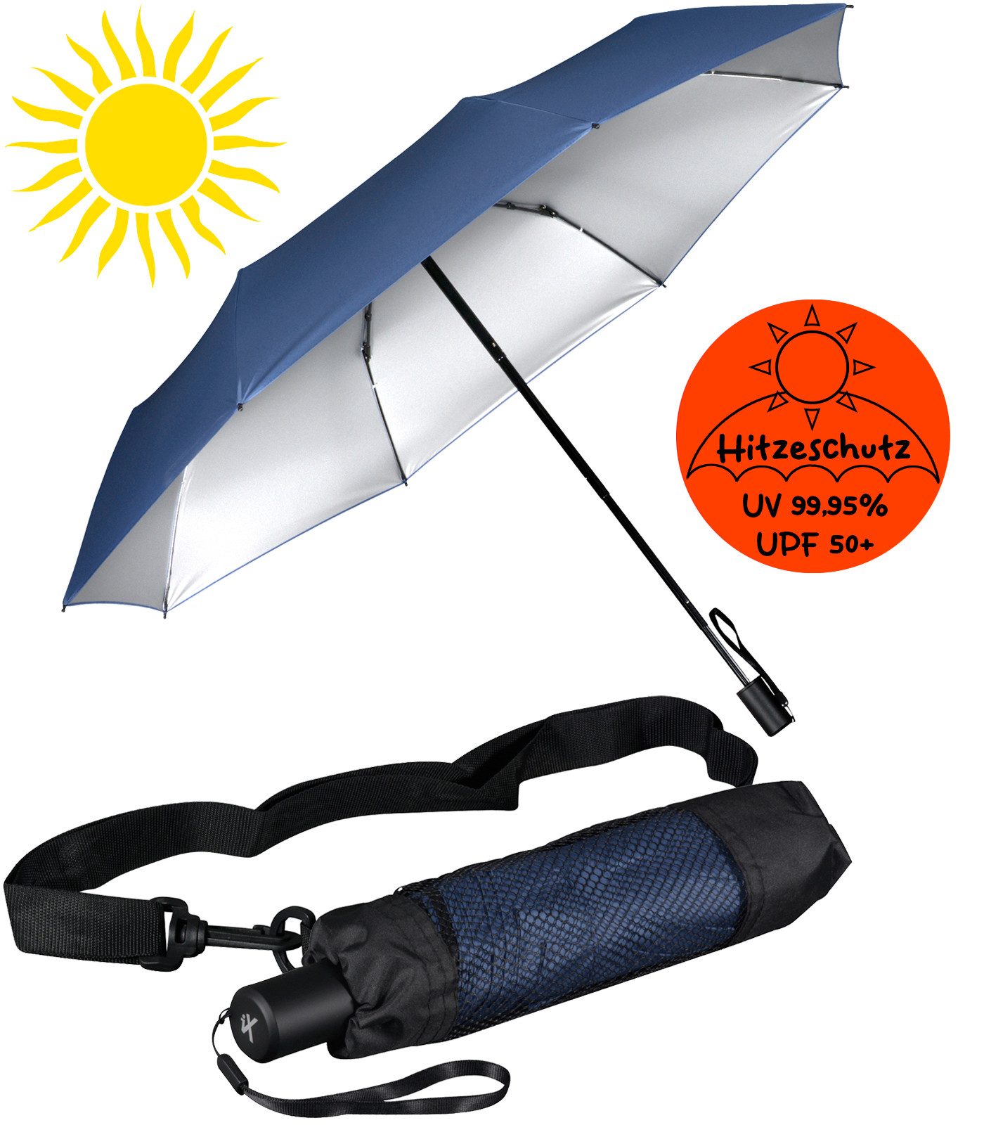 iX-brella Taschenregenschirm Sonnen-Regenschirm mit UPF 50+, UV-Hitze-Schutz, mit Umhängetasche, mit Handöffner, innen silber