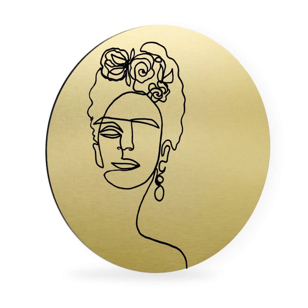 K&L Wall Art Alu-Dibond-Druck Metallposter Rund Frida Kahlo abstrakte Linework moderne Goldoptik, Metalloptik Wandbild Ø 20cm