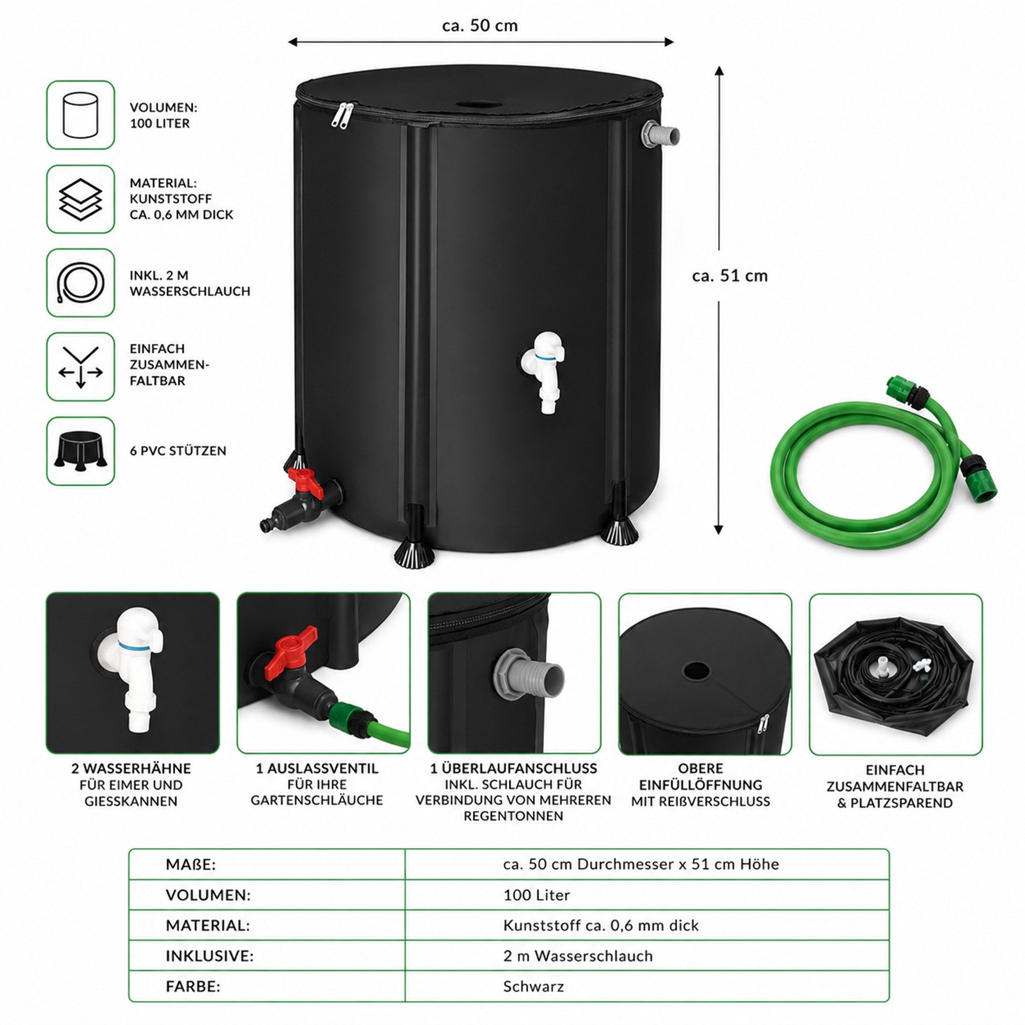 Mucola Regentonne Regenwassertonne faltbar Regenfass Wassertank Regenwassertank mit Hahn, 100 l, (Stück, Stück), inkl. 2 Meter Wasserschlauch mit Anschluss