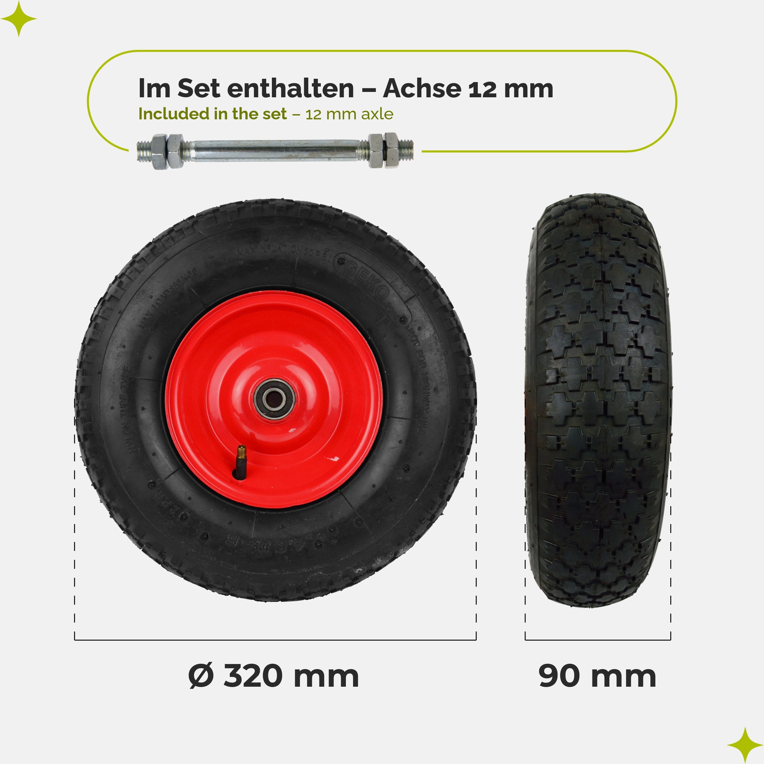 Garronda Schubkarren-Rad Ersatzrad Schubkarrenrad Luftreifen Reifen Stahlfelge Achse GD-0163 (2 St., Reifen; Achse), 4.00-6 2PR