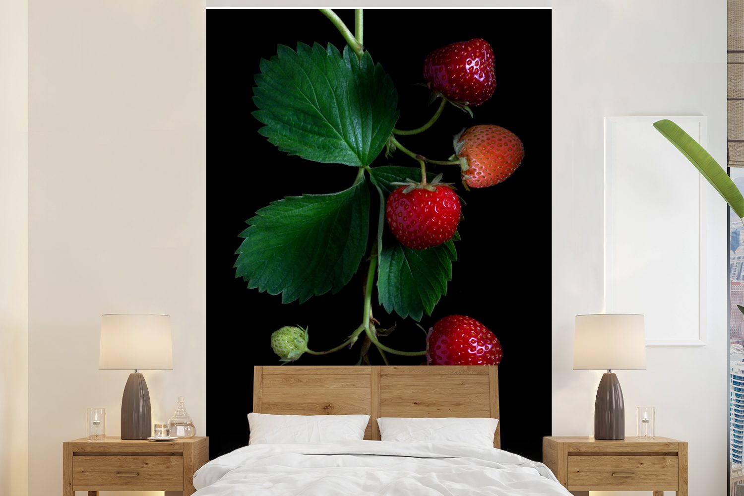 MuchoWow Fototapete Eine Erdbeerpflanze auf schwarzem Hintergrund, Matt, bedruckt, (3 St), Montagefertig Vinyl Tapete für Wohnzimmer, Wandtapete