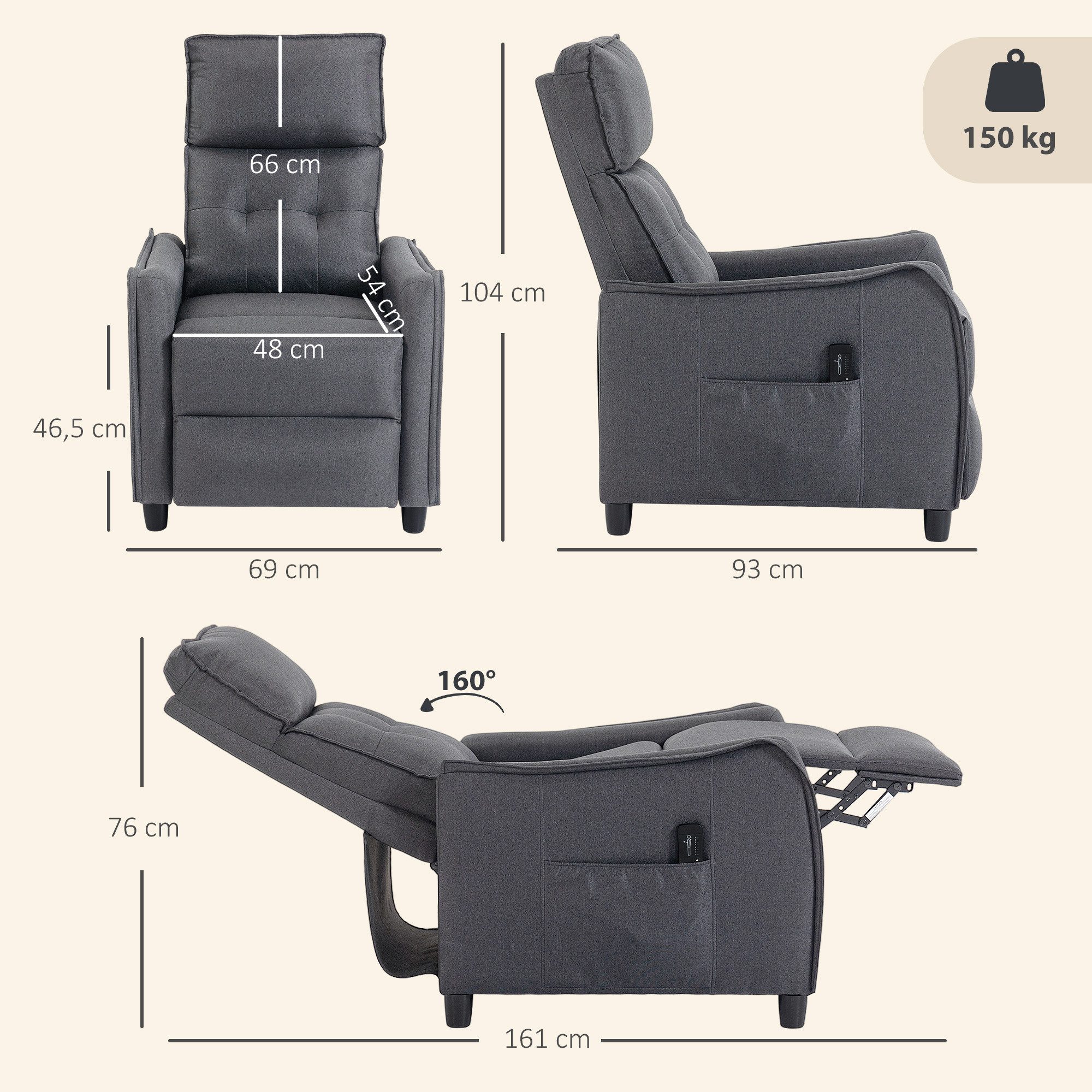 HOMCOM Massagesessel Relaxsessel Fernsehsessel mit Fußstütze, Liegefunktion Grau (Set, 1-St., 1), Manuelle Verstellung mit Vibrationsmassage