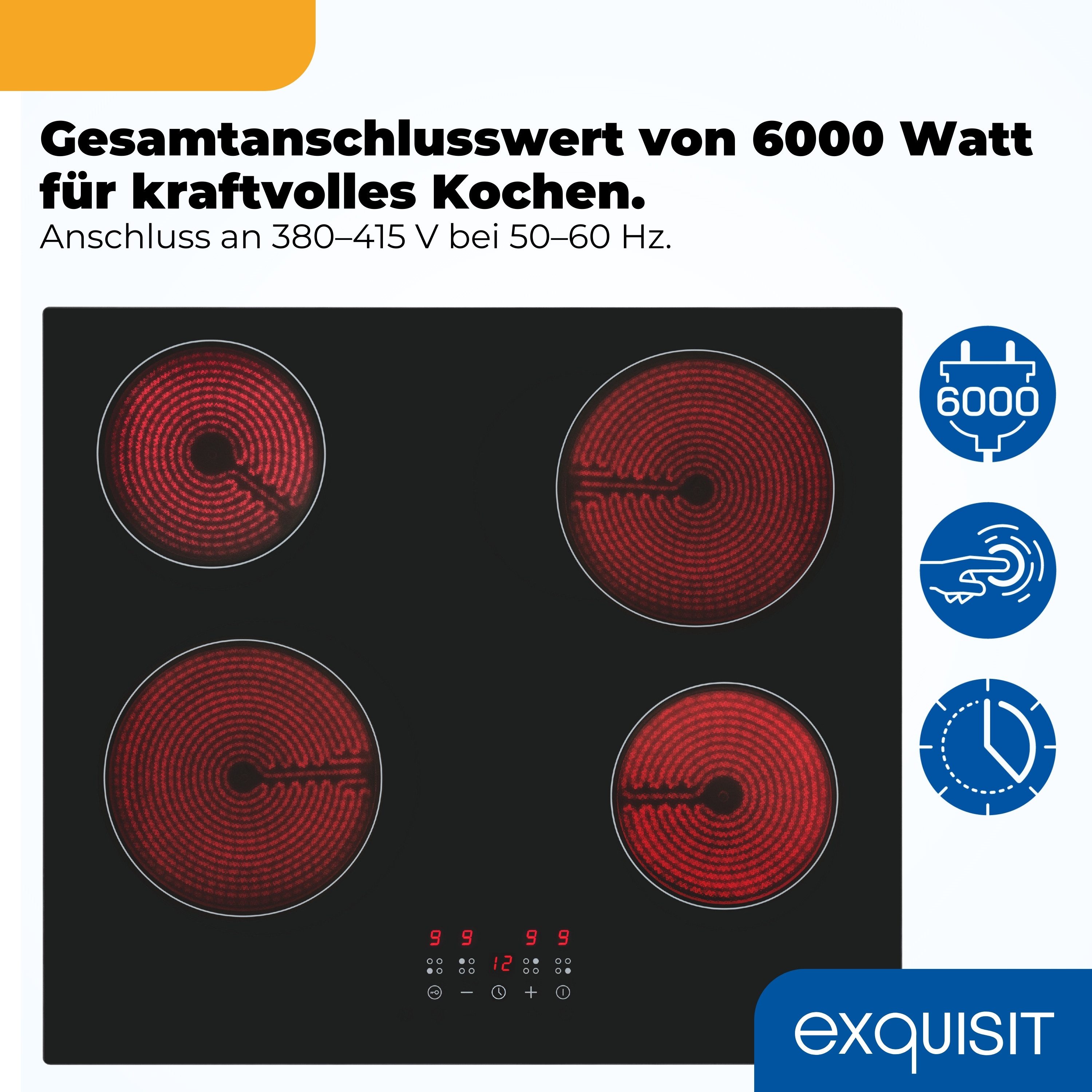 exquisit Elektro-Kochfeld EKC600-490, Glaskeramikkochfeld mit Restwärmeanzeige für mehr Sicherheit