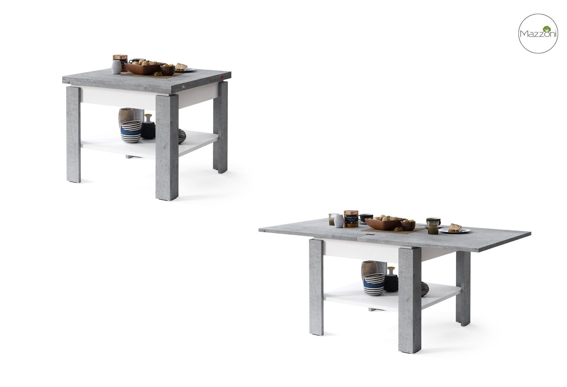 Mazzoni Couchtisch Design Tisch Leo Beton Beton Esstisch aufklappbar 65 - Weiß Weiß - / matt matt 130cm