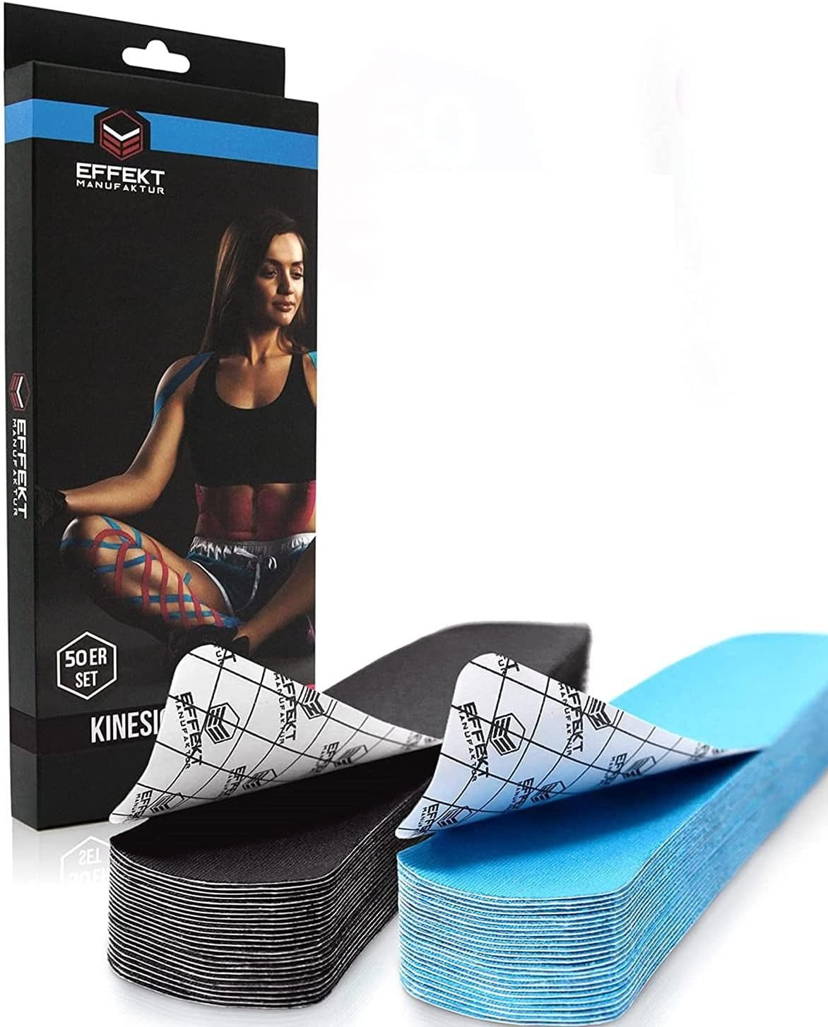 Effekt Manufaktur Kinesiologie-Tape PRECUT 25x5cm - blau/schwarz (2x25 Streifen) (50-St) 50-60 % Dehnbarkeit