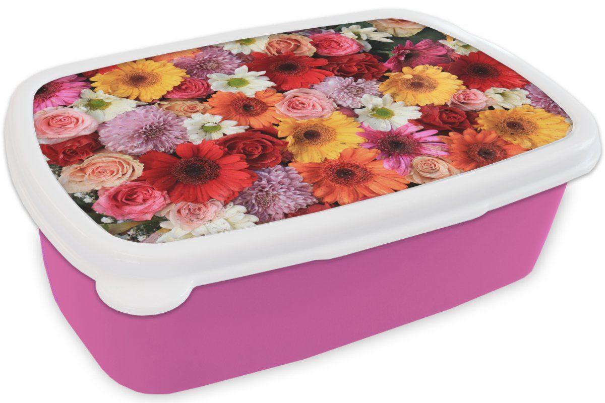 Mädchen, Kunststoff, Blumen für Kunststoff Rosen, - Lunchbox (2-tlg), - Brotdose - Brotbox Gerbera Kinder, rosa Snackbox, Erwachsene, Farben MuchoWow