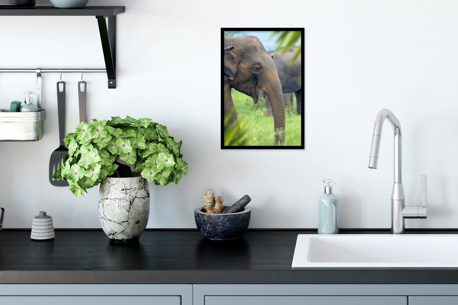 MuchoWow Poster Elefant - Palme Bilder, Wandposter, - Poster, (1 Tiere, Bilderrahmen St), Wanddeko, Schwarzem Gerahmtes