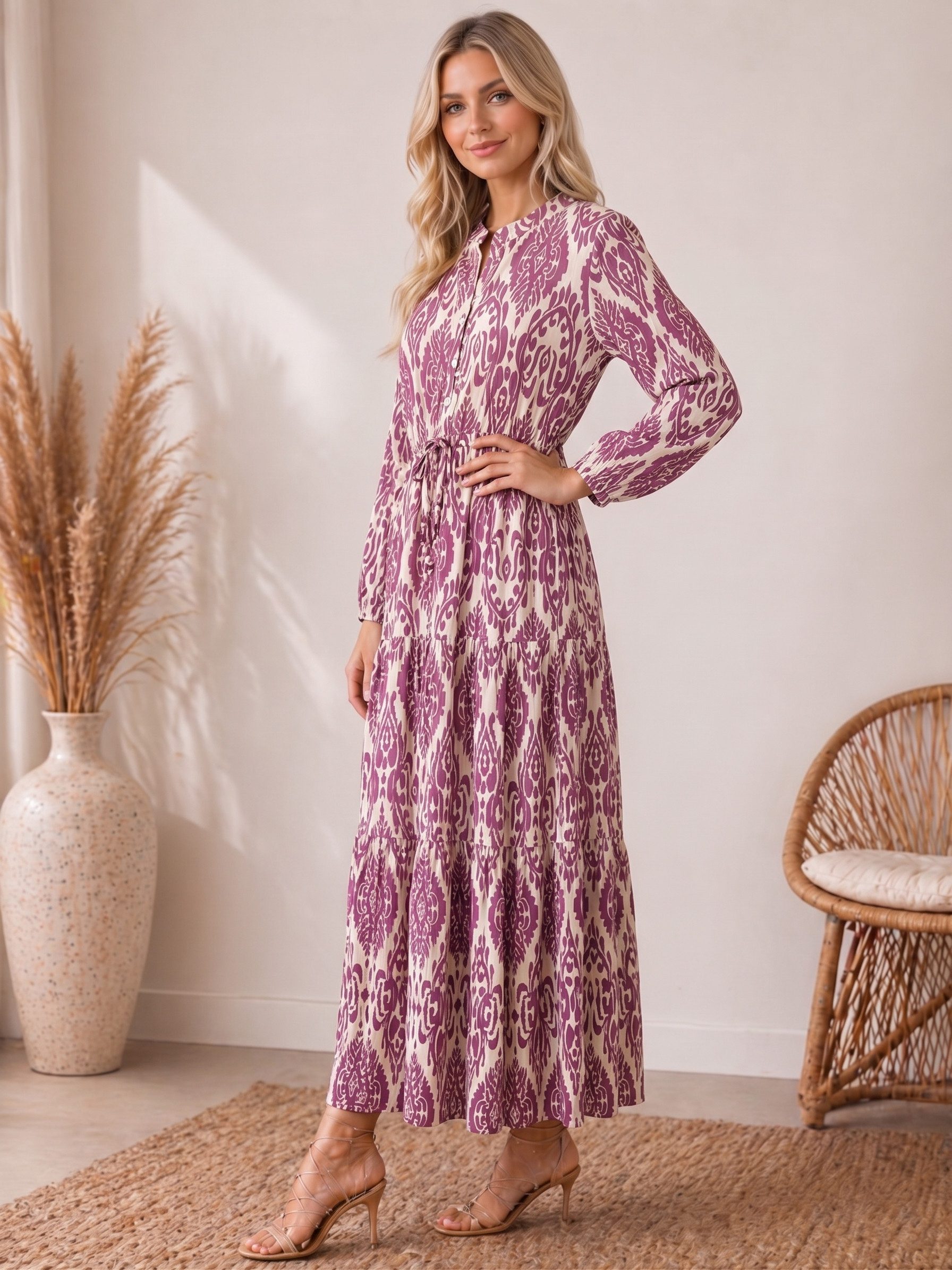 Kendindza Collection Maxikleid Sommerkleid Damen Lang Viskose Elegantes Sommer Kleid lang Maxi Kleid Ikat-Print Knopfleiste & Schnurbund, Luftig Leicht