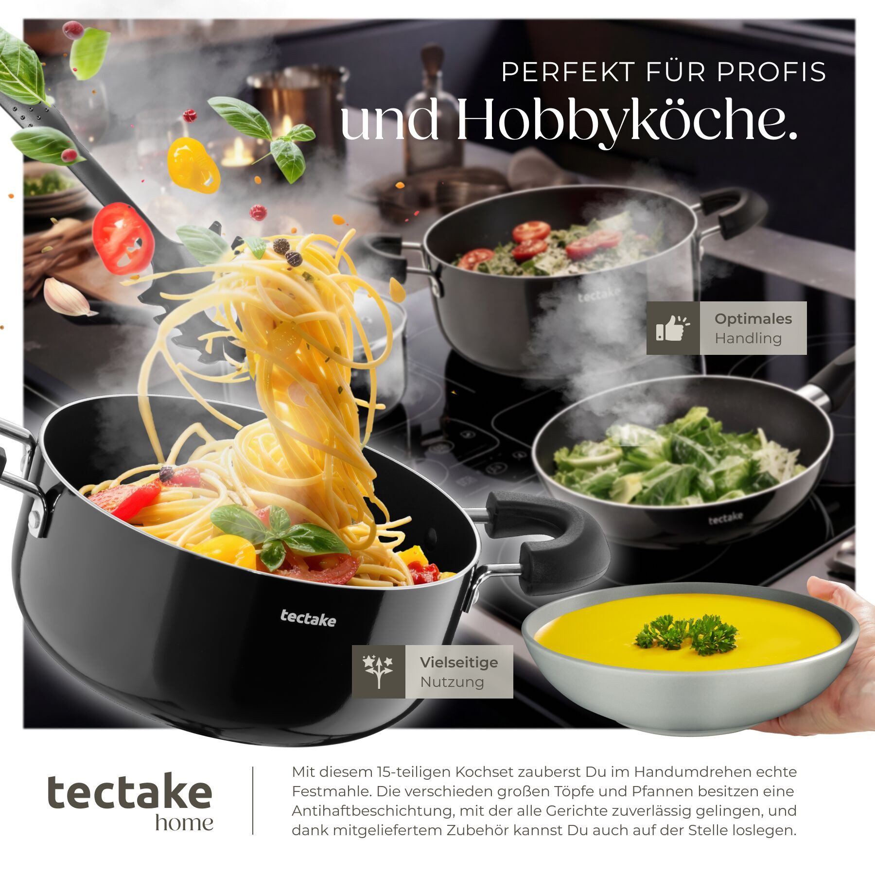 tectake Kochbesteck-Set Küchenstarterset aus Steingut, Inkl. 5 Küchenwerkzeugen (Geschirrset Una/Varese, 39-tlg., Kochtopf), Spülmaschinengeeignet, zur Pflege empfehlen wir Handwäsche