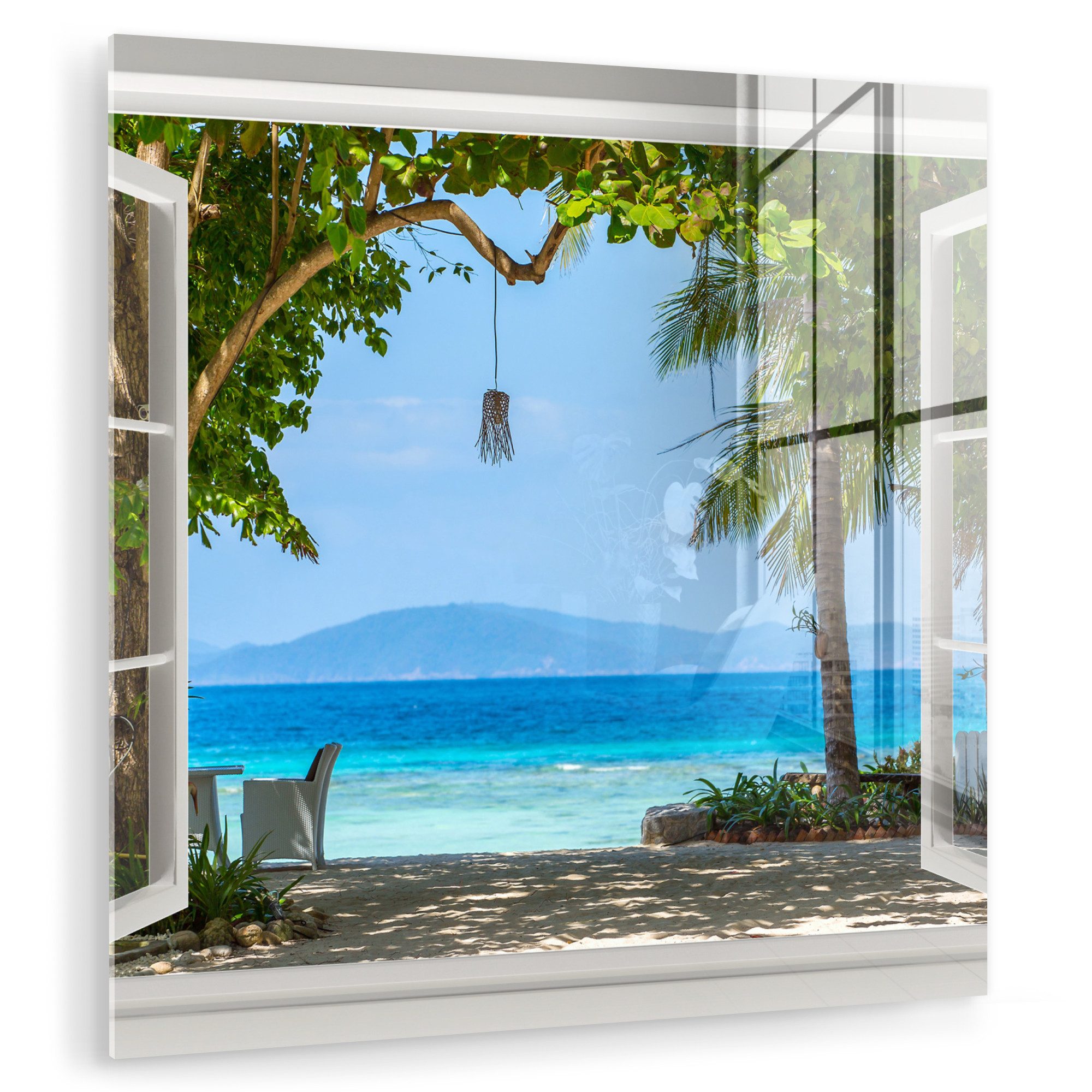 MuchoWow Acrylglasbild Aussicht - Baum - Meer - Palme - Hügel - Strand - Blau, Inkl. Aufhängung, Bilder auf Glas Wandbild, Wanddeko Wohnzimmer Badezimmer, 20x20 cm