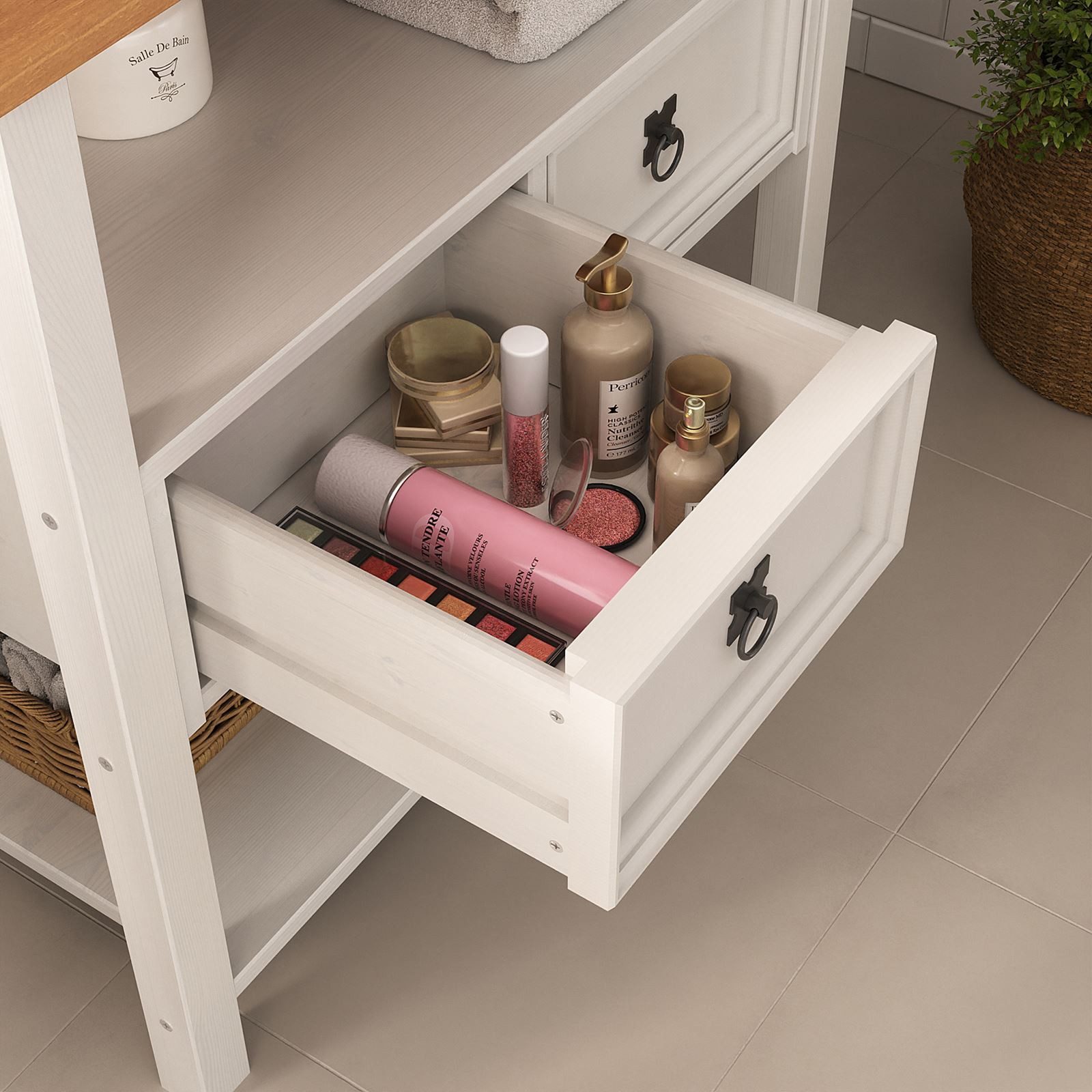 IDIMEX Waschbeckenschrank TEQUILA Waschtisch mit 2 Schubladen und Ablage Massivholz Landhausl Weiß/Eiche
