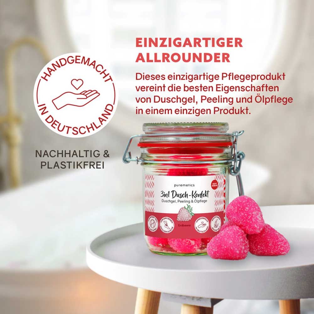puremetics Körperpeeling 3in1 Dusch-Konfekt - Erdbeere 10 Stück im Dekoglas 200g