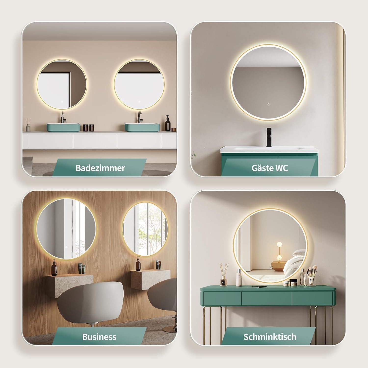 HOKO Badspiegel rund mit LED Beleuchtung und Memory Funktion (60 cm Wandspiegel mit goldenem Aluminiumrahmen, mit Touch-Schalter und stufenlosem Farbwechsel von – Bild 4 von 5