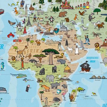 Goods+Gadgets Poster Panorama Kinder-Weltkarte, (XXL Kids-World-Map), Land-Karte Handgezeichnet & Laminiert