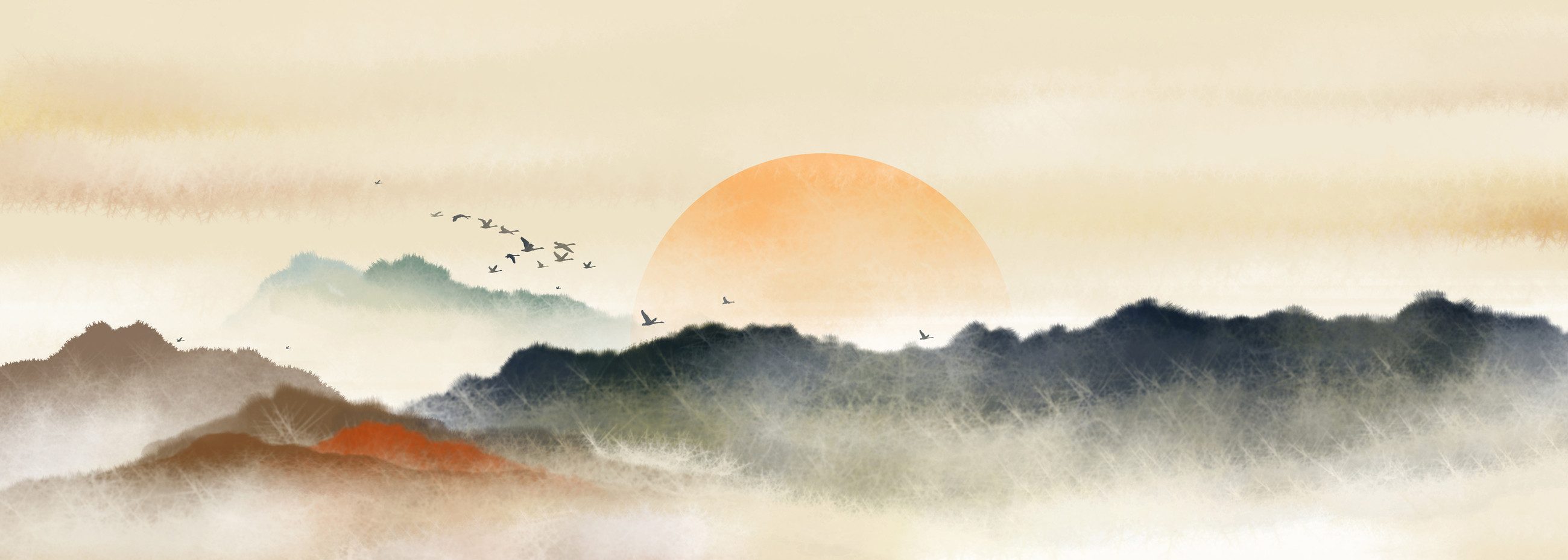 Rasch Fototapete Sonnenaufgang Berge mit Vögeln - Vliestapete Beige, bedruckt, (1 Rolle, 1 St., 2,65 m x 7,42 m), Lichtbeständige Farben - Feucht abwischbar - Restlost abziehbar