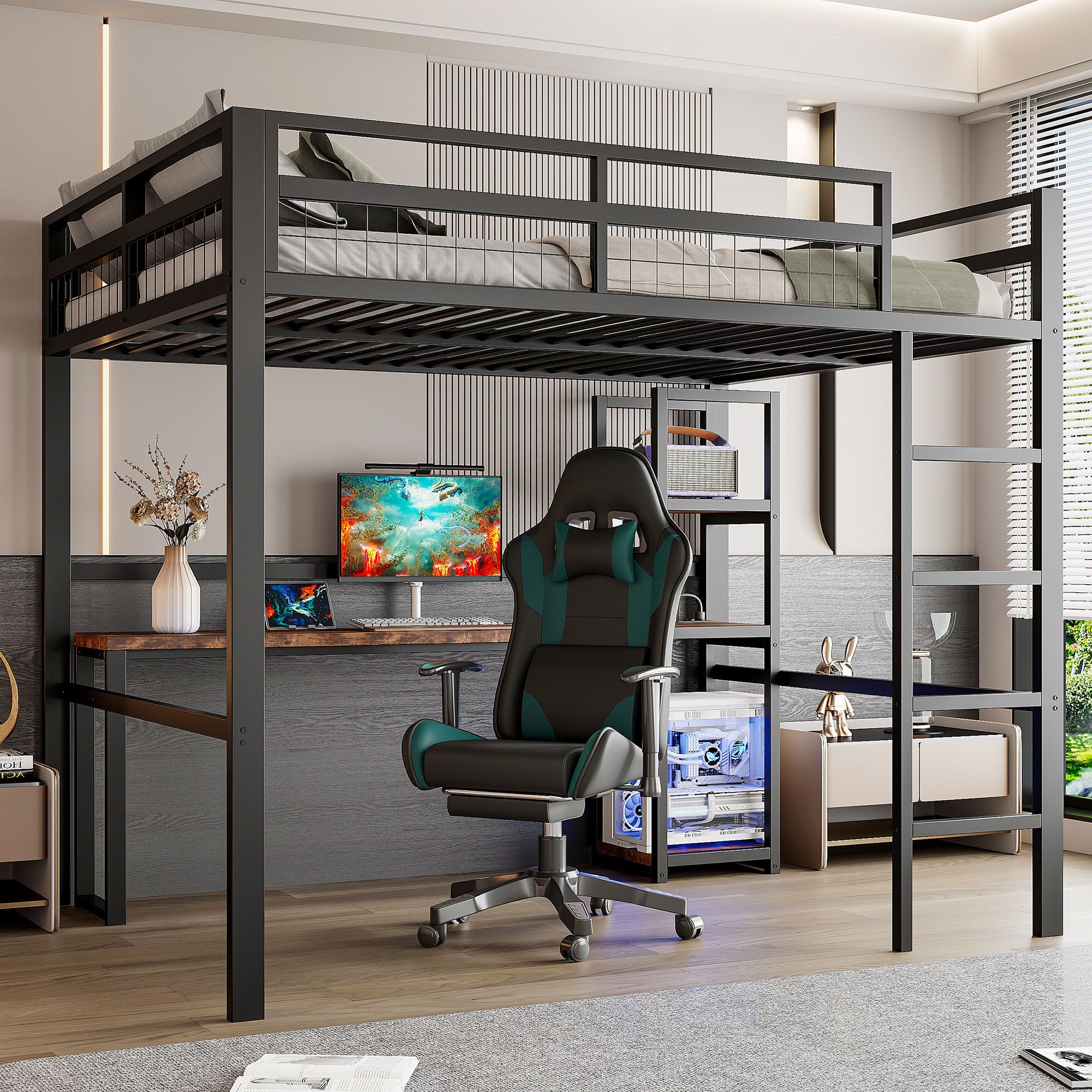 Flieks Hochbett Metallbett 140x200cm mit Rausfallschutz, Schreibtisch mit L günstig online kaufen