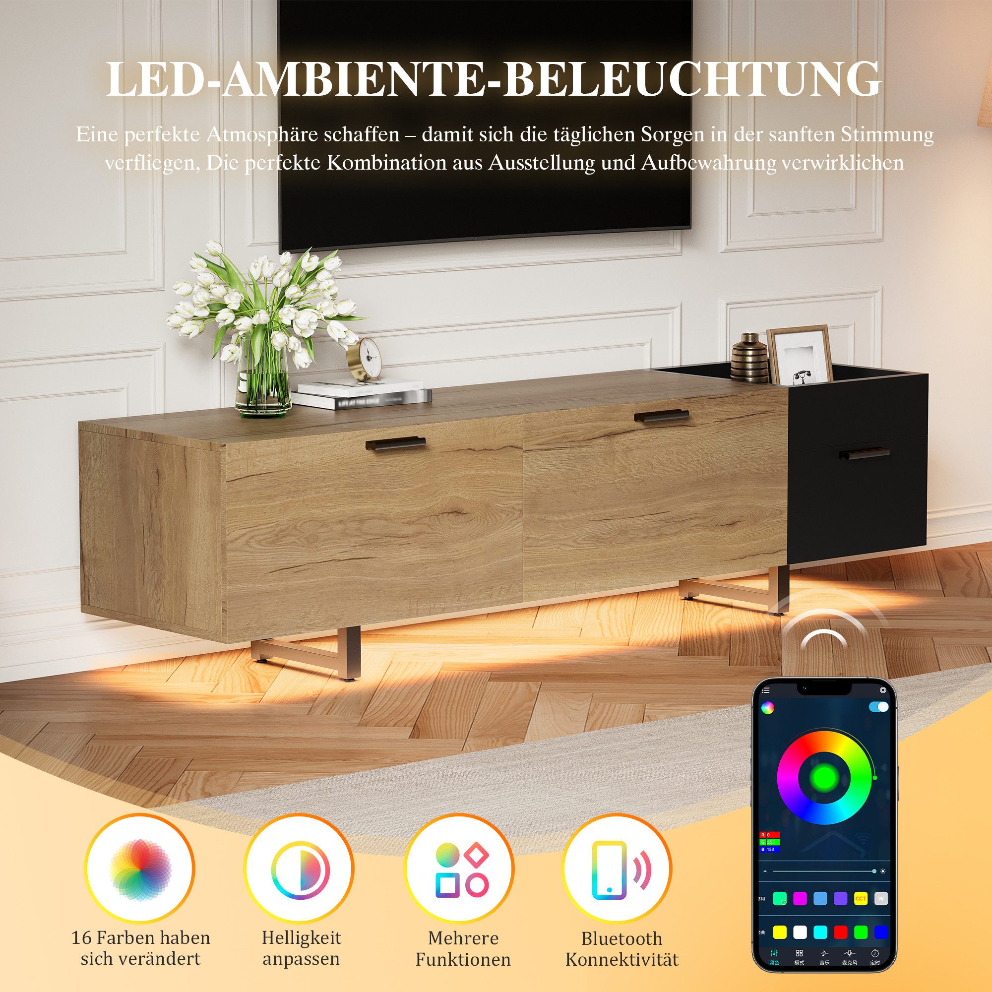 REDOM Lowboard mit offenen Fächern, großen Schubladen und geschlossenem Stauraum (TV-Schrank Fernsehtisch, TV-Board)