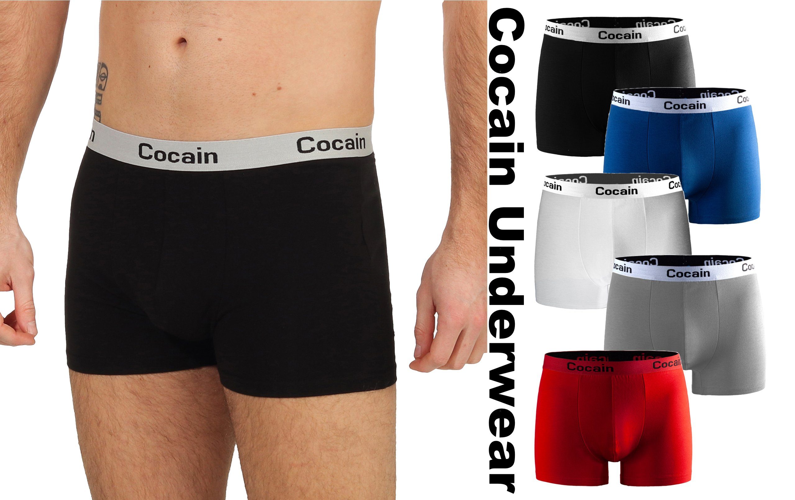 Cocain underwear schwarz Boxershorts Europa Herren 5er-Pack) - Spitzenqualität grau blau Boxershorts weiss - Logoschriftzug rot - - aus Bund am (5-St