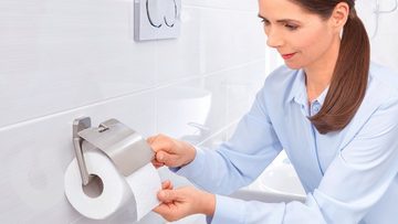 tesa Toilettenpapierhalter ESTEETIC Toilettenrollenhalter ohne Bohren - 13,1cm : 13,1cm : 4,7cm (Packung, 1-St., inkl. Klebelösung), selbstklebender WC-Rollenhalter - Edelstahl - silber matt