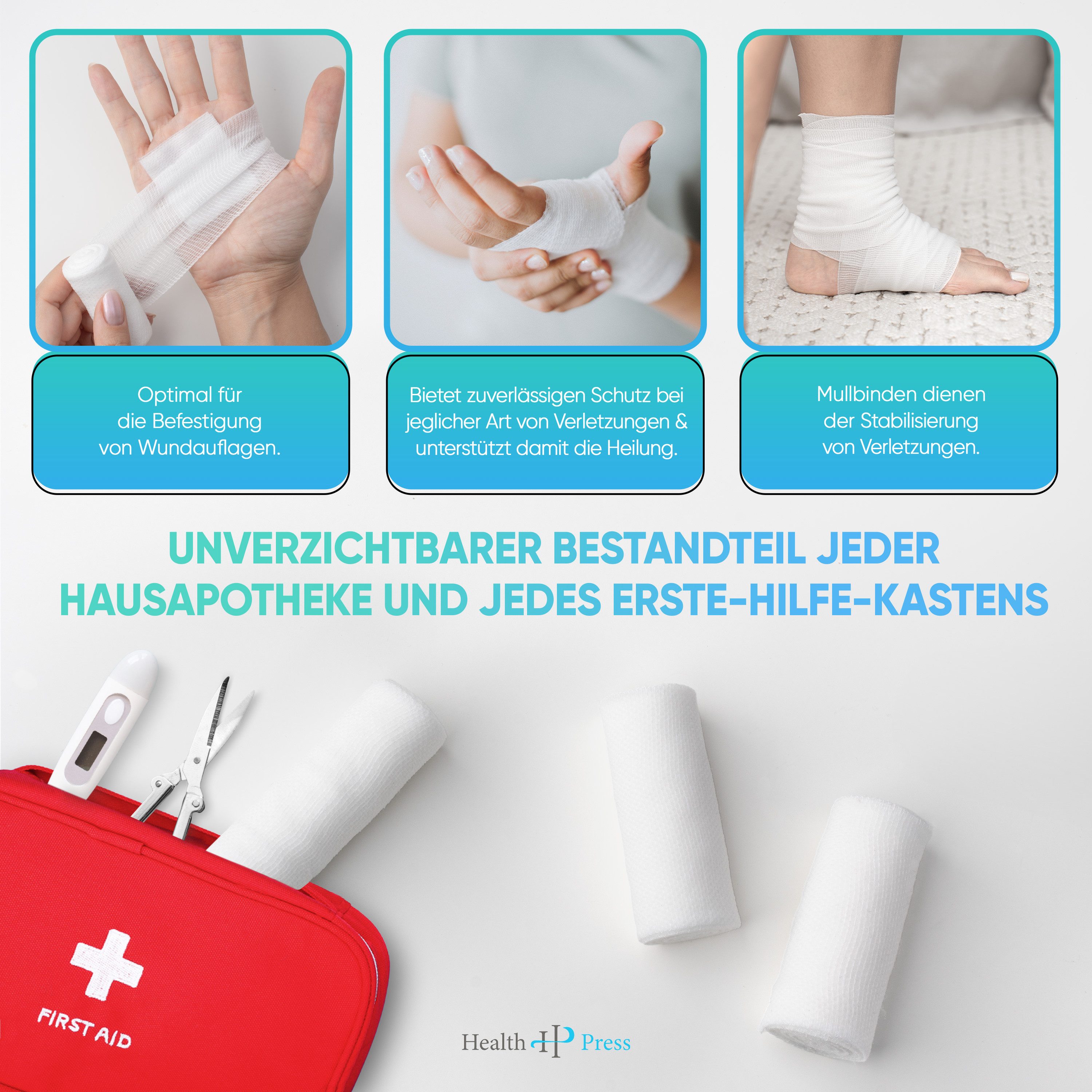 Health Press Wundpflaster Mullbinden – Verbandsmaterial (Set), Dermatologisch getestet