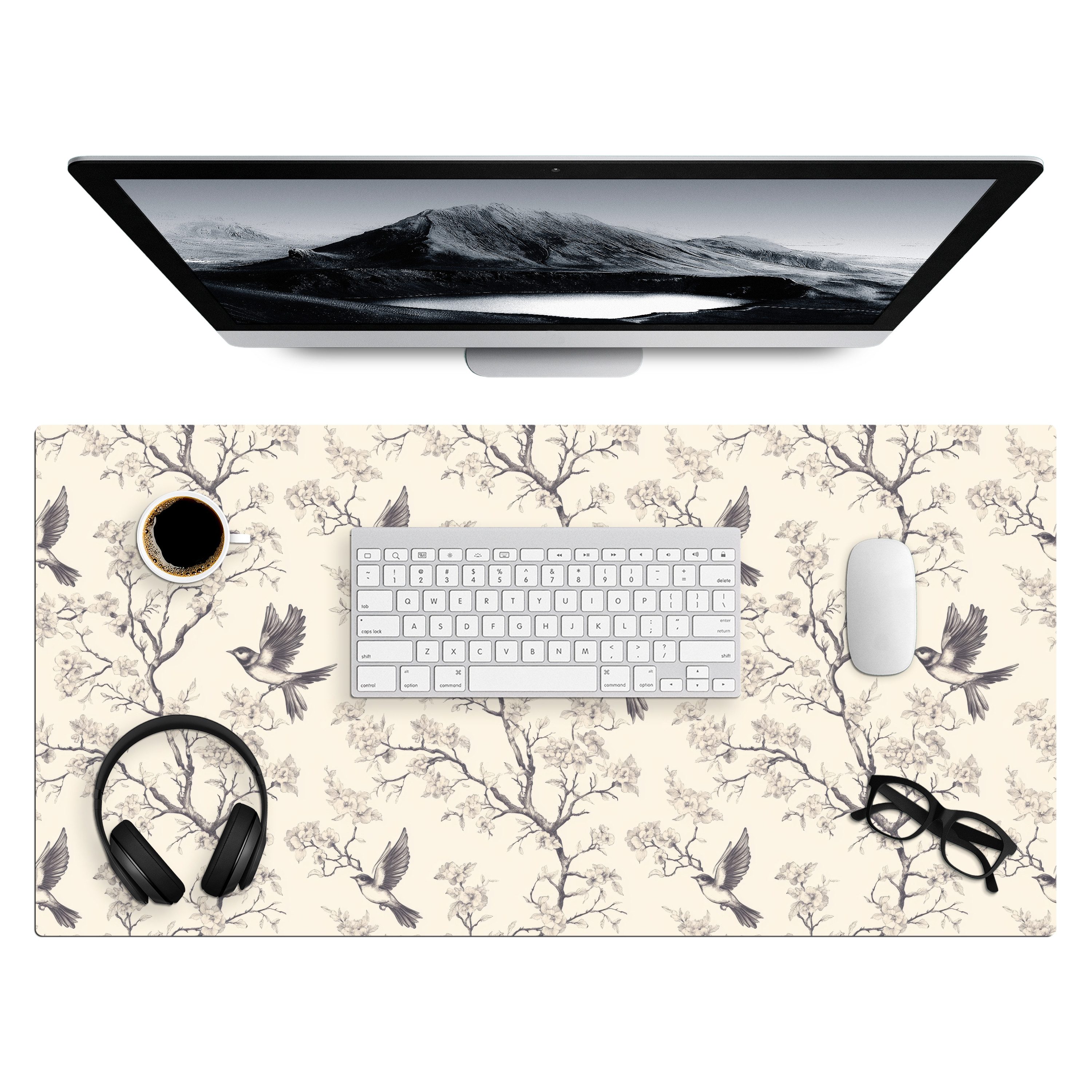 MuchoWow Gaming Mauspad Äste - Vögel - Beige (1-St), Gaming Mauspad XXL, Schreibtischunterlage, Desk Mat Groß, 80x40 cm