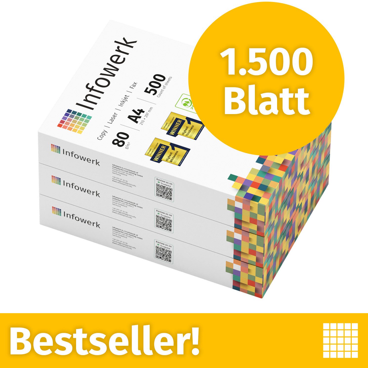 Infowerk Druckerpapier Kopierpapier 1500 Blatt A4 80g Premium Weiß Testsieger PEFC, PEFC-Zertifikat (GFA-PEFC-COC-500582)