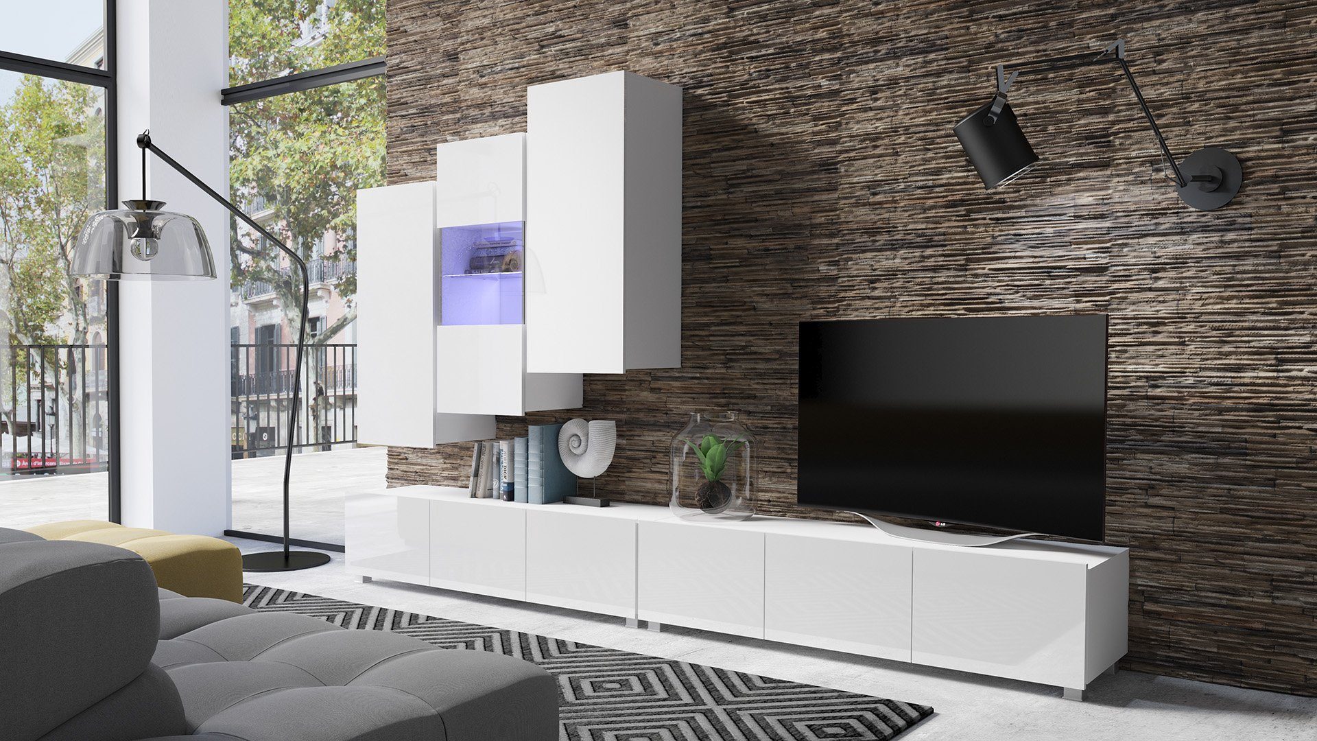 Stylefy Wohnwand Bietula, (Set (5-St), Wohnzimmer-Set), 7-teilig, wahlweise mit LED-Beleuchtung, Glaselemente, Modern Design Weiß Hochglanz