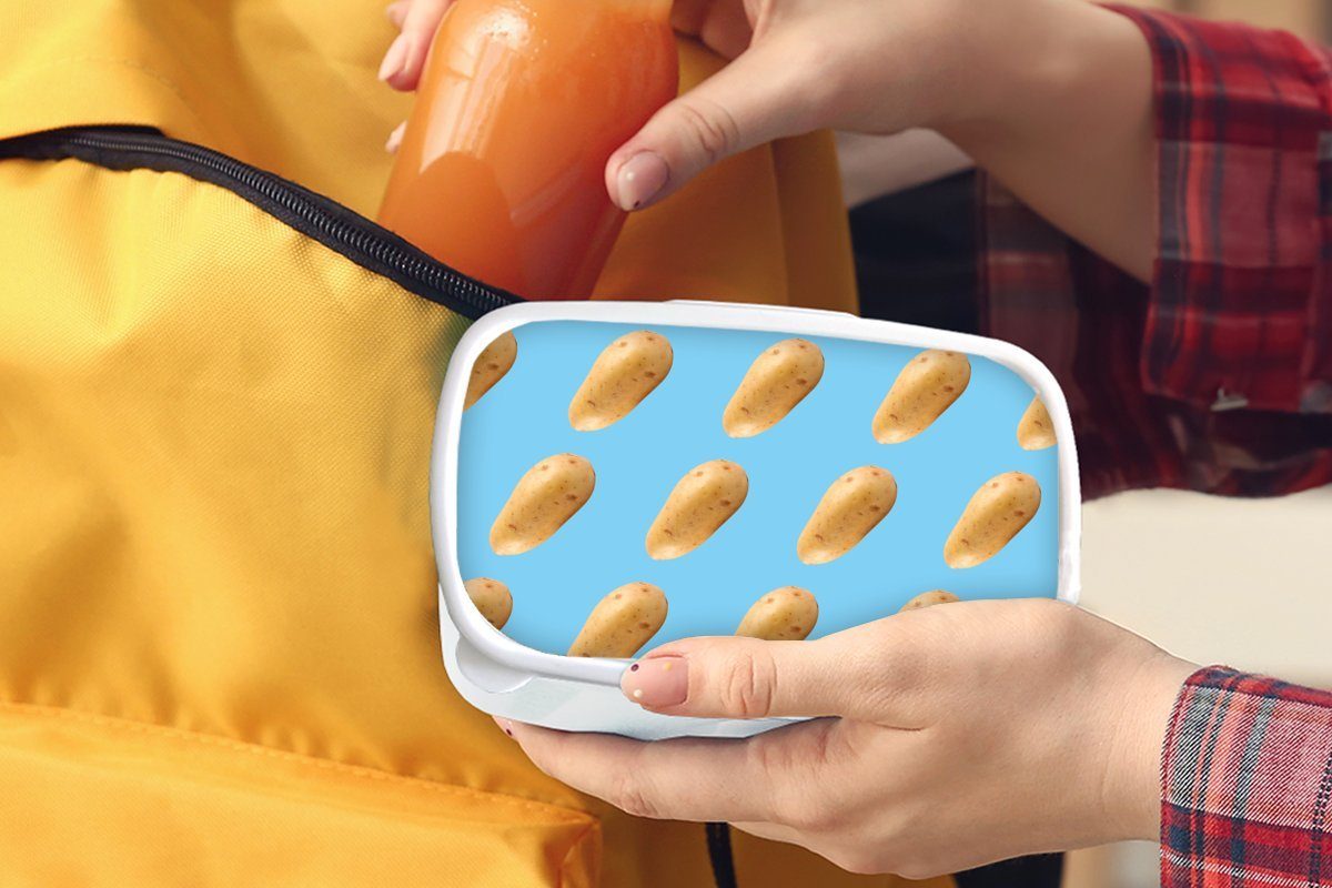 Erwachsene, MuchoWow Brotdose, (2-tlg), Muster und Kartoffel - Mädchen Kinder und für Blau, Kunststoff, Jungs Brotbox weiß - Lunchbox für